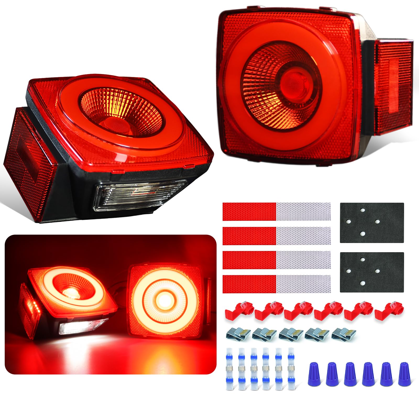Square Halo 78 LED Trailer Tail Lights Red Lens 2 Pack