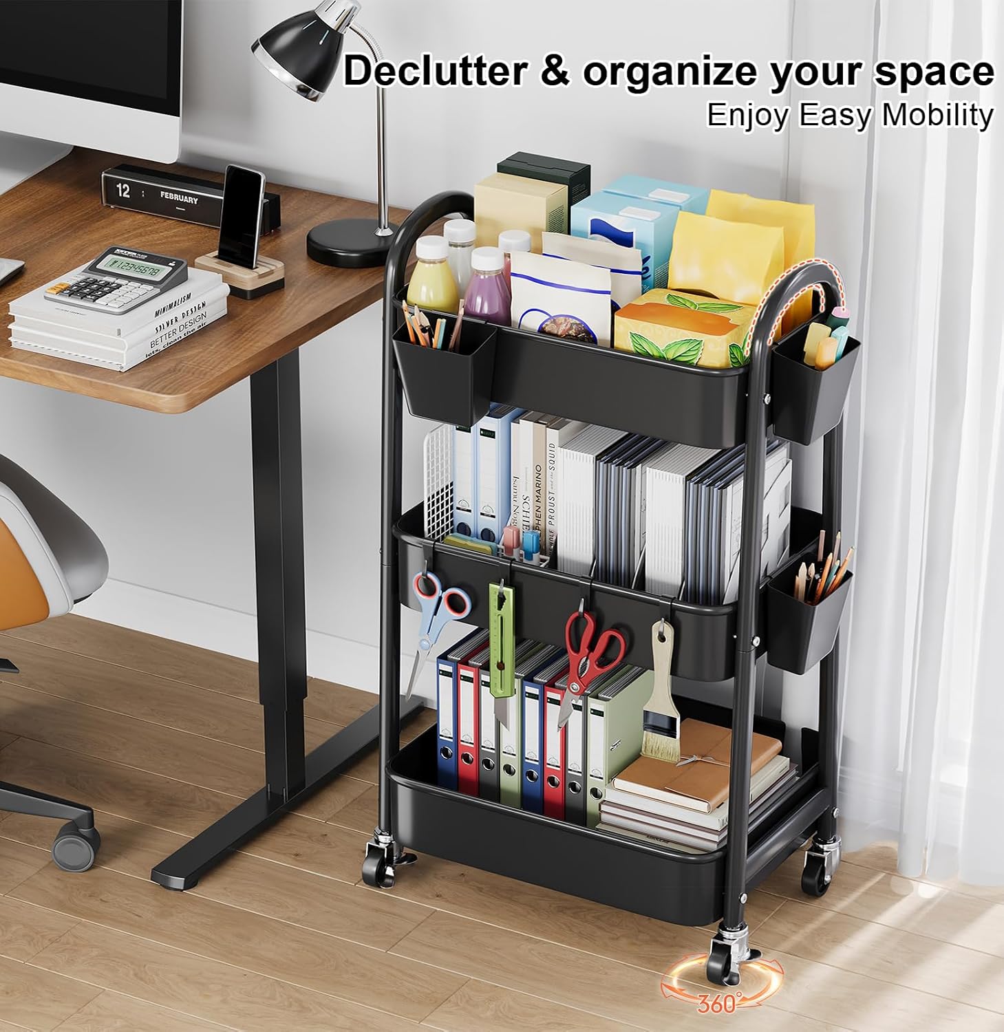 3 Tier Metal Rolling Cart Organizer, Black Utility Storage Cart with Wheels image 4