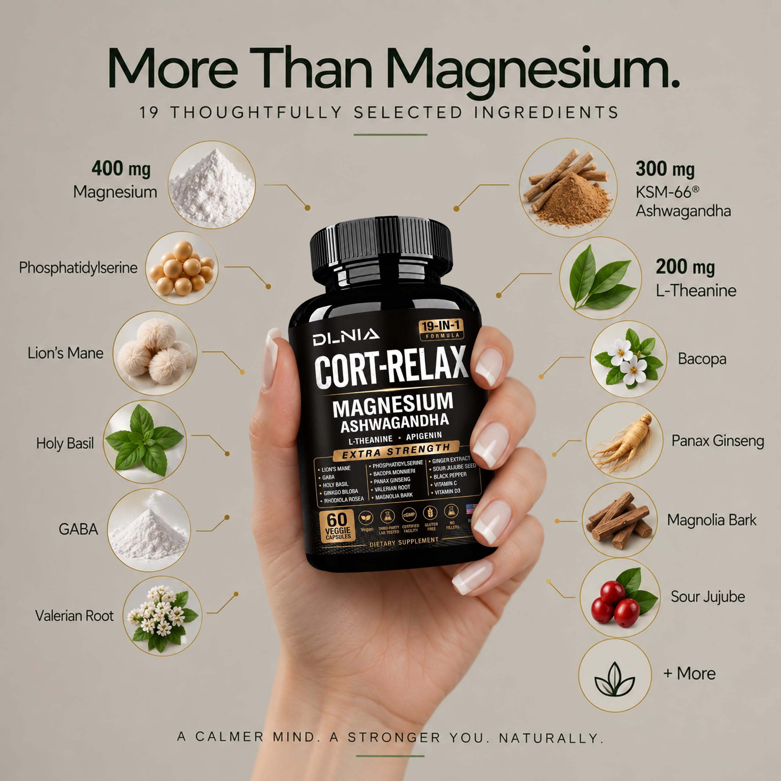 DLNIA Super Calm Cortisol Supplement with Magnesium Glycinate, Ashwagandha KSM-66, L-Theanine, Phosphatidylserine, Ginkgo Biloba & Lions Mane for Calm, Focus, Mental Clarity, Relaxation, Sleep, Energy — Amazon image 3