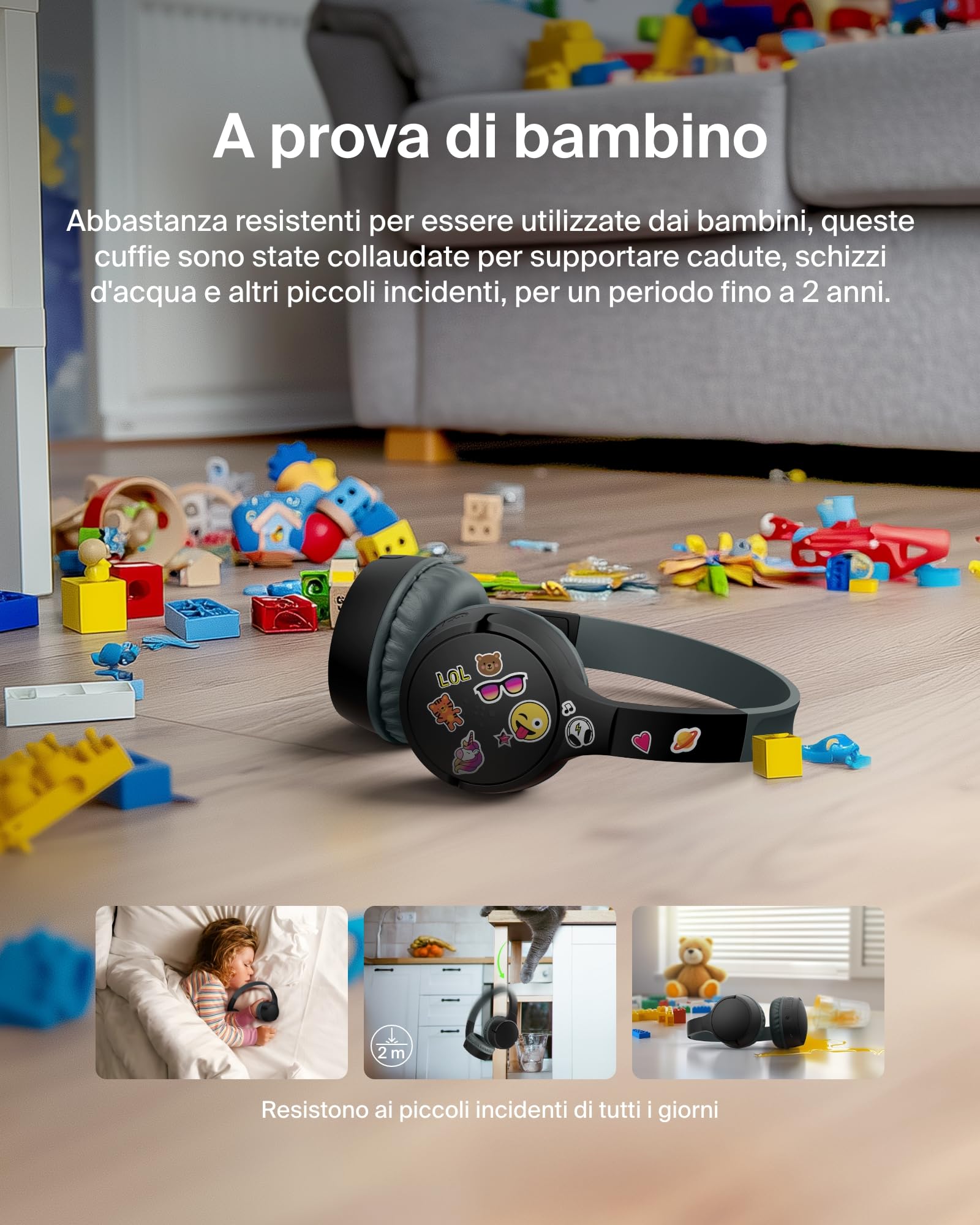 Belkin SoundForm Mini Cuffie wireless per bambini con microfono, 30 ore di riproduzione, adesivi divertenti, headset over-ear per didattica online, scuola e viaggi, per iPhone, iPad e Galaxy, nero