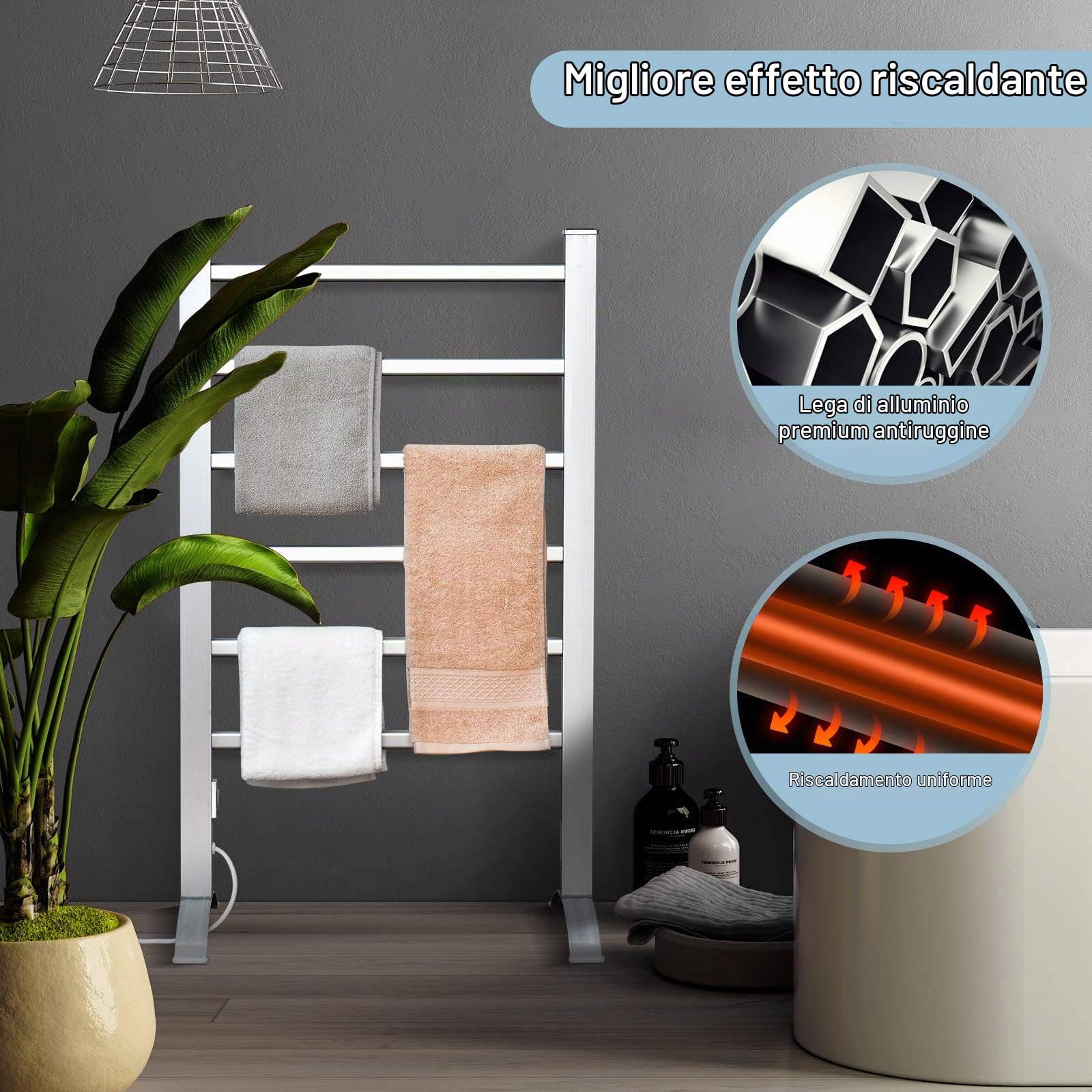 RELAX4LIFE Scaldasalviette Elettrico 100W, Portasciugamani Radiatore da Bagno con 6 Sbarre, Struttura in Alluminio, Montaggio a Parete/da Terra