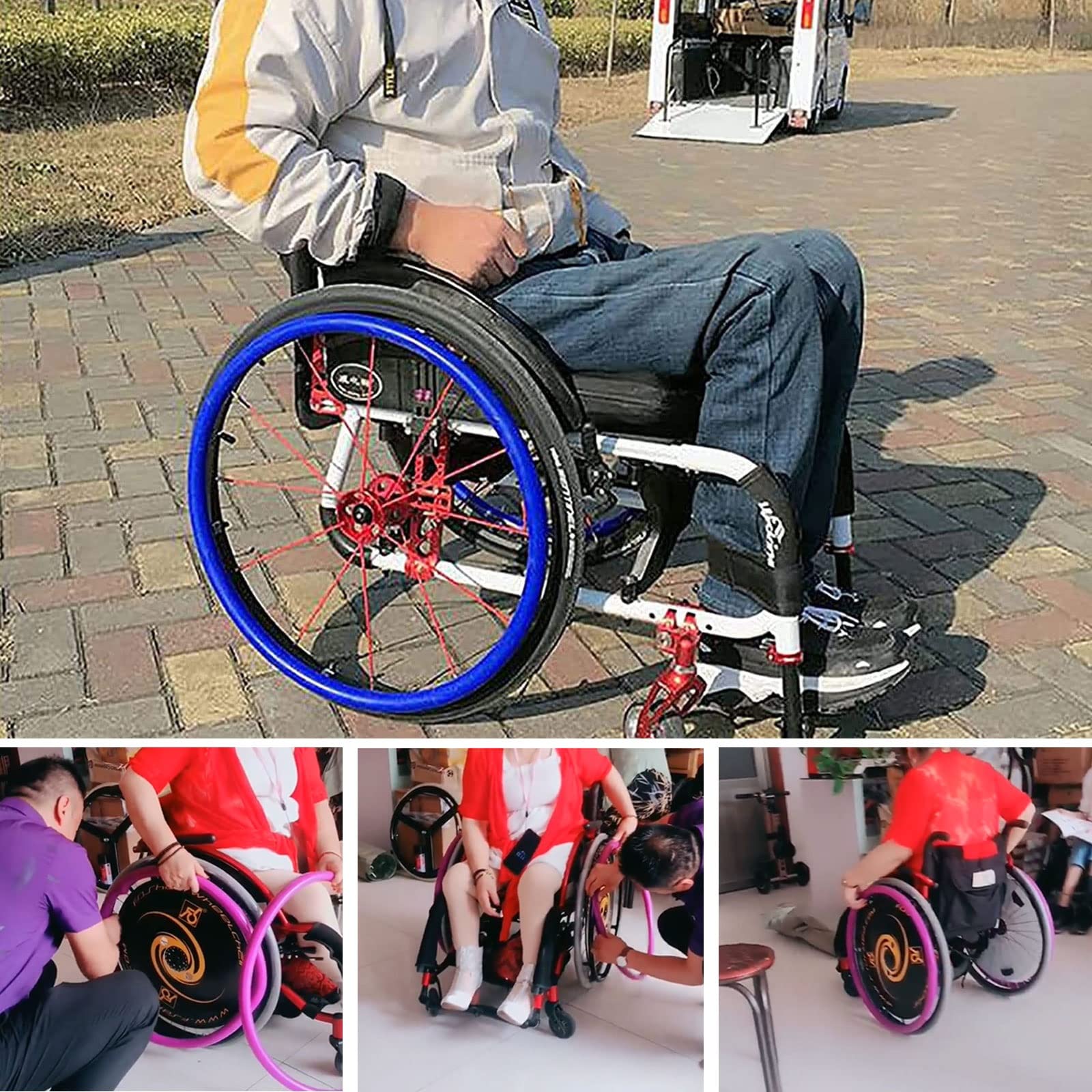 61 cm Silikon-Rollstuhl-Schiebefelgenabdeckungen, 1 Paar, rutschfest, verschleißfest, Handschieber, Schutzhülle, Rollstuhl-Hinterradabdeckung für verbesserte Griffigkeit und Traktion (Farbe: Blau)