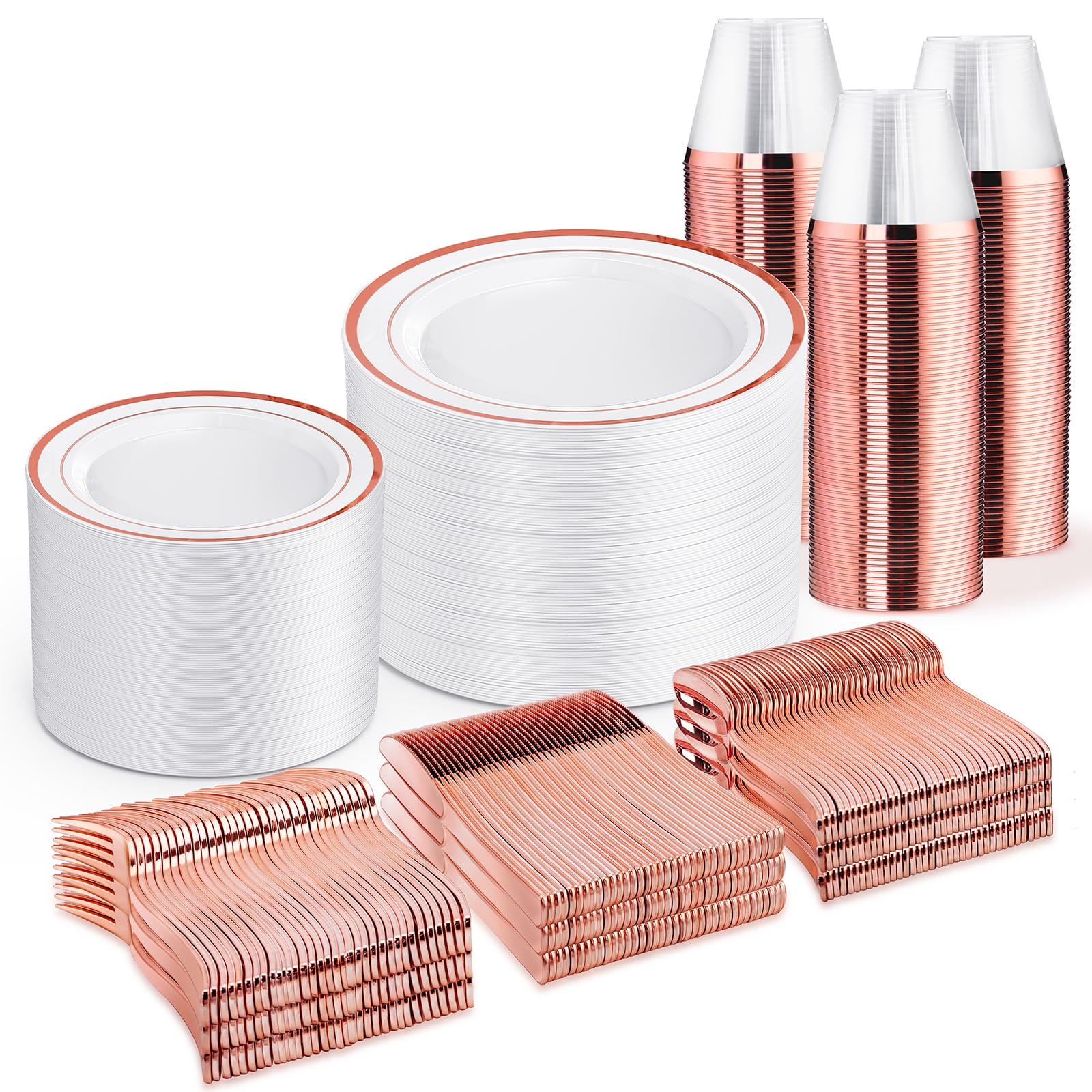 WELLIFE 600 PCS Rose Gold Disposable Dinnerware Set for 100 Guests, Valentine's Day Plate, 100 Each-Dinner & Salad Plates, Cups, Forks Knives Spoons for Wedding Reception and Mothers Day Plates