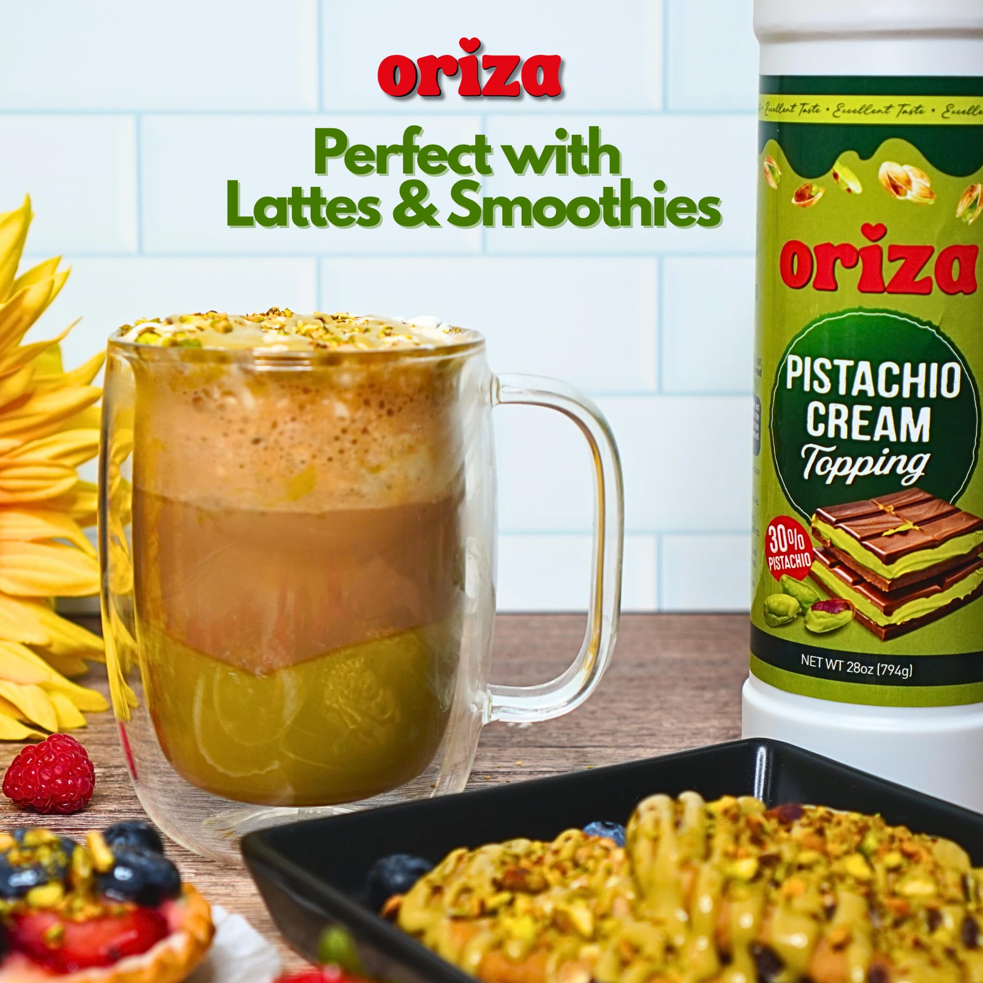 Oriza Pistachio Cream Topping 28oz 800g Bottle Pack of 24 Bulk Pistachio Spread with 30 Pistachios Palm Oil — view 8