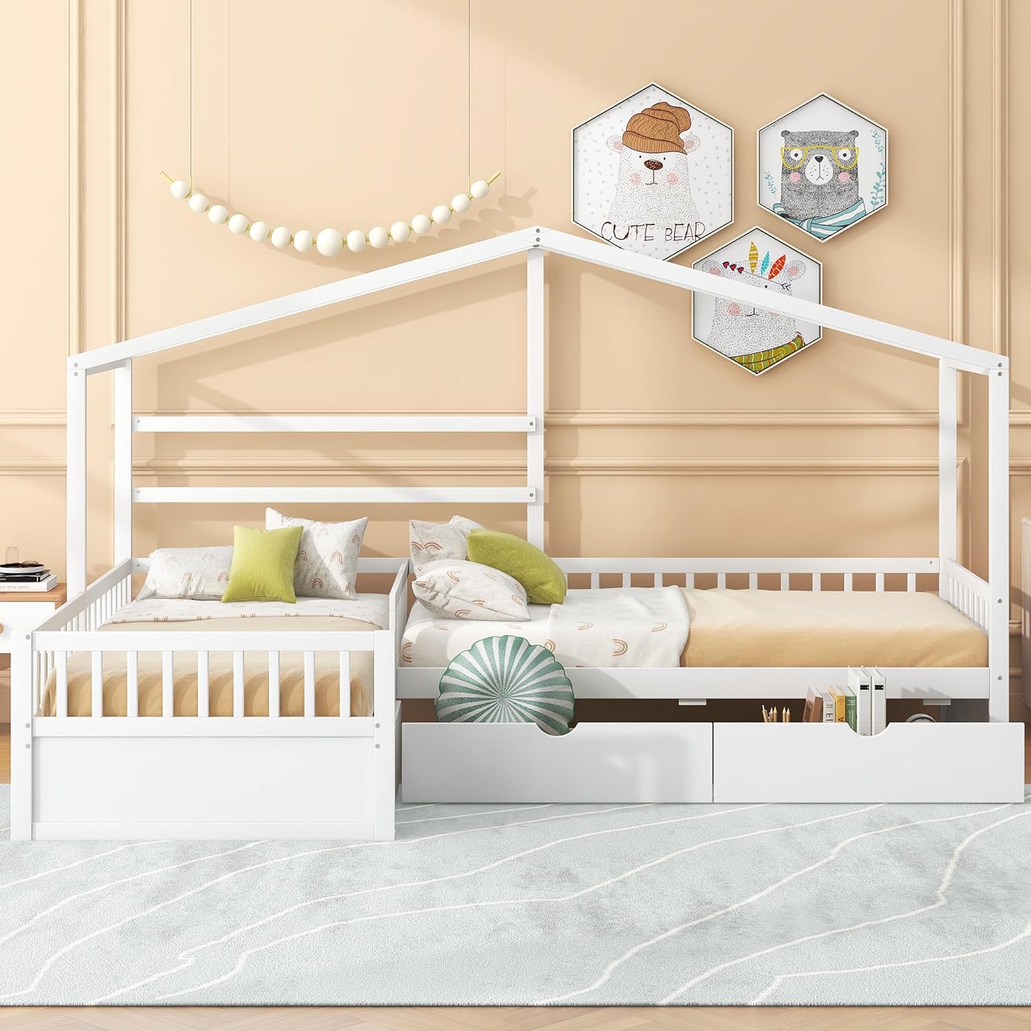 House Bed Double Twin Beds, Wood L-Shaped 2 Twin Platform Beds With Storage Drawers, Montessori Bed With Roof, Fence And Slatted Support, Corner Playhouse Bed Frame For Kids Girls Boys (White-09)