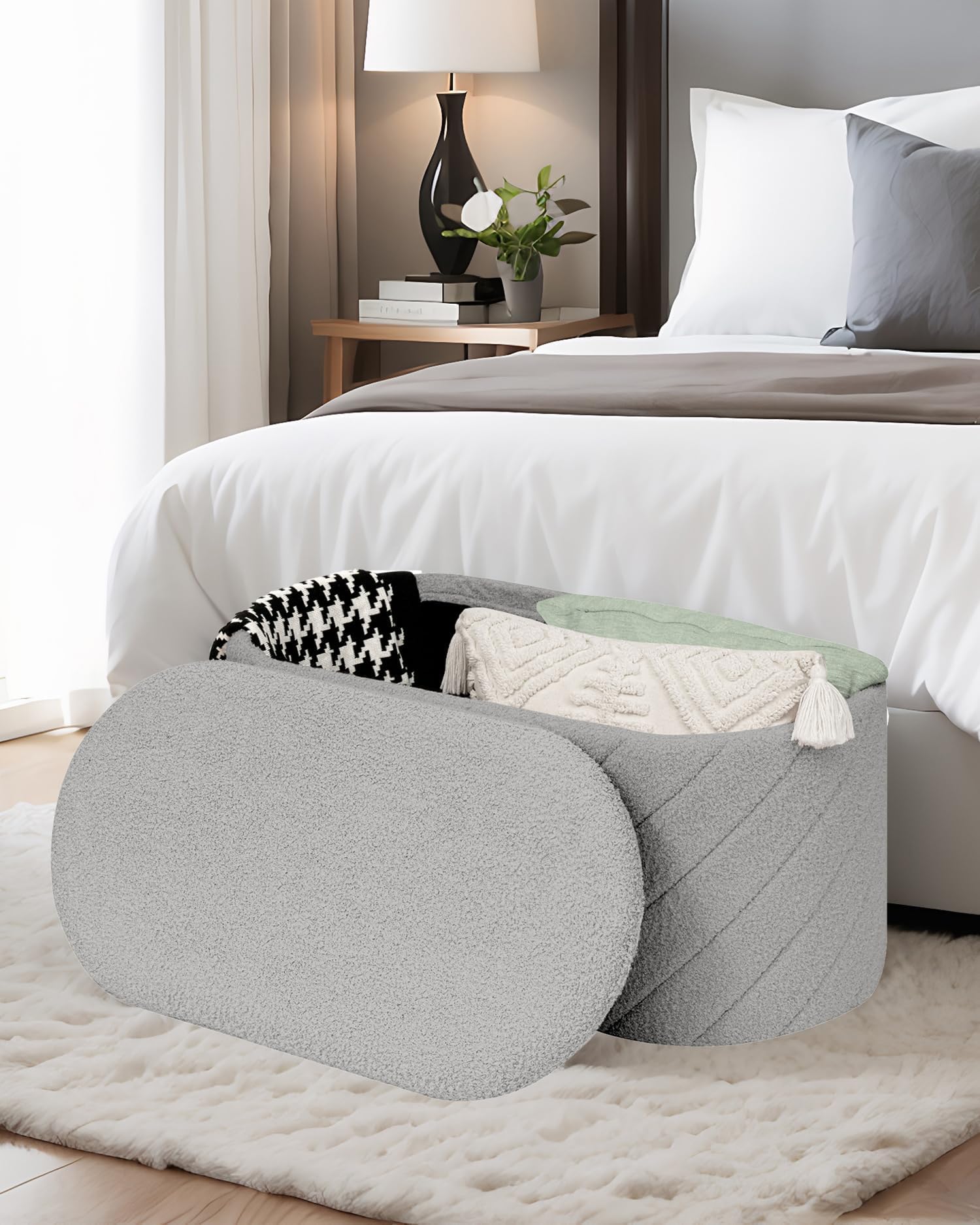 Bonlife Panca ovale con vano portaoggetti, poggiapiedi pieghevole con coperchio, Boucle Bank per piedi del letto, sgabello per soggiorno, camera da letto, ingresso, grigio, 76x38x38 cm
