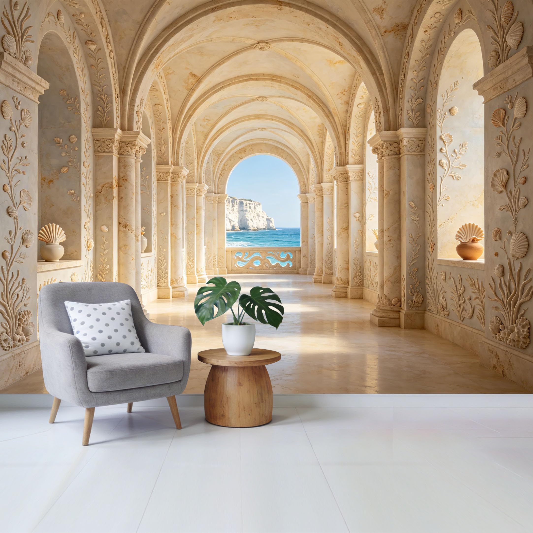 Removable Self Adhesive Fabric Mural， Coastal Mediterranean Archway 3D Wall Covering， UV Protected Waterproof Washable Wall Decor for Living Room Bedroom Bathroom