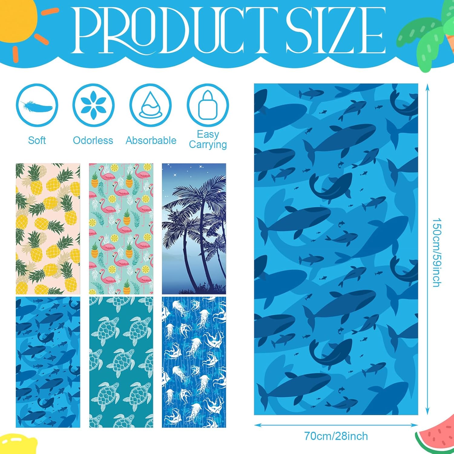 Peryiter 6 Pcs Oversized Microfiber Beach Towels 59 x 28 Inch Large Quick Dry Pool Towels Absorbent Camping Travel Blanket Set for Women Men Bath Beach(Fresh Colors,Stripe Style)