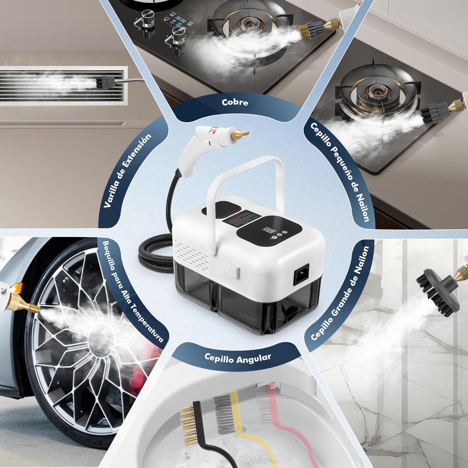 2500W Limpiador a Vapor Portátil, 9 Velocidades Ajustables, con 9 Accesorios, 1,2L Depósito Agua Grande, Steam Cleaner para Baño Patio Azulejos Juntas Suelos (Blanco)