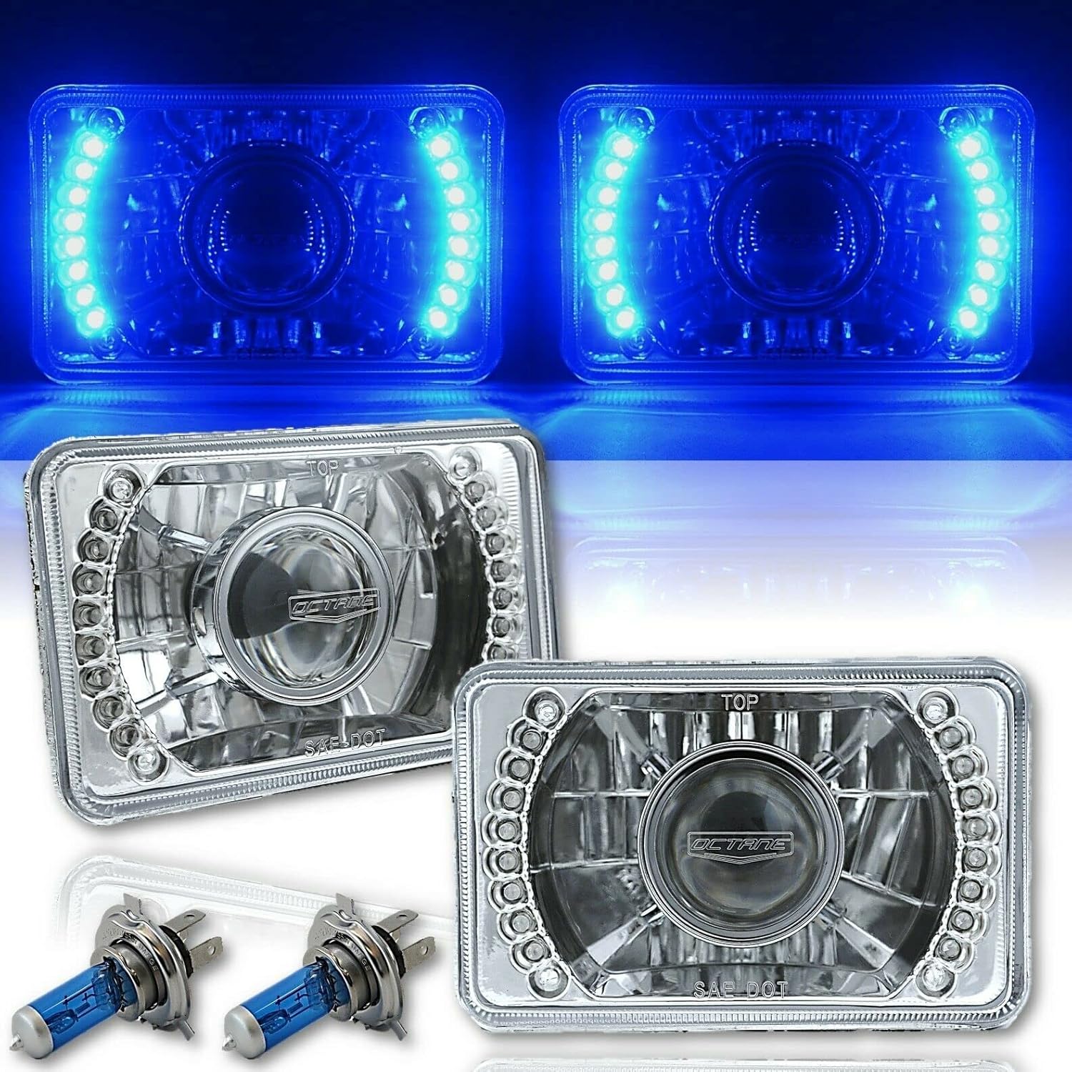 Octane Lighting 4X6 Inch Blue LED Halo Projector Halogen Headlight