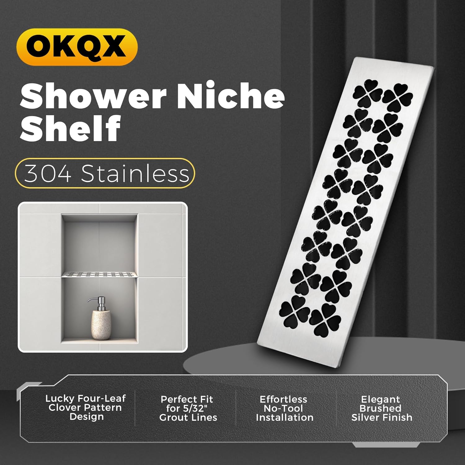 Shower Niche Shelf - 304 Stainless Steel Brushed Silver Bathroom Shelf with Lucky Clover Pattern Design, Fits 5/32" Grout Lines (11.81" L x 3.44" W)
