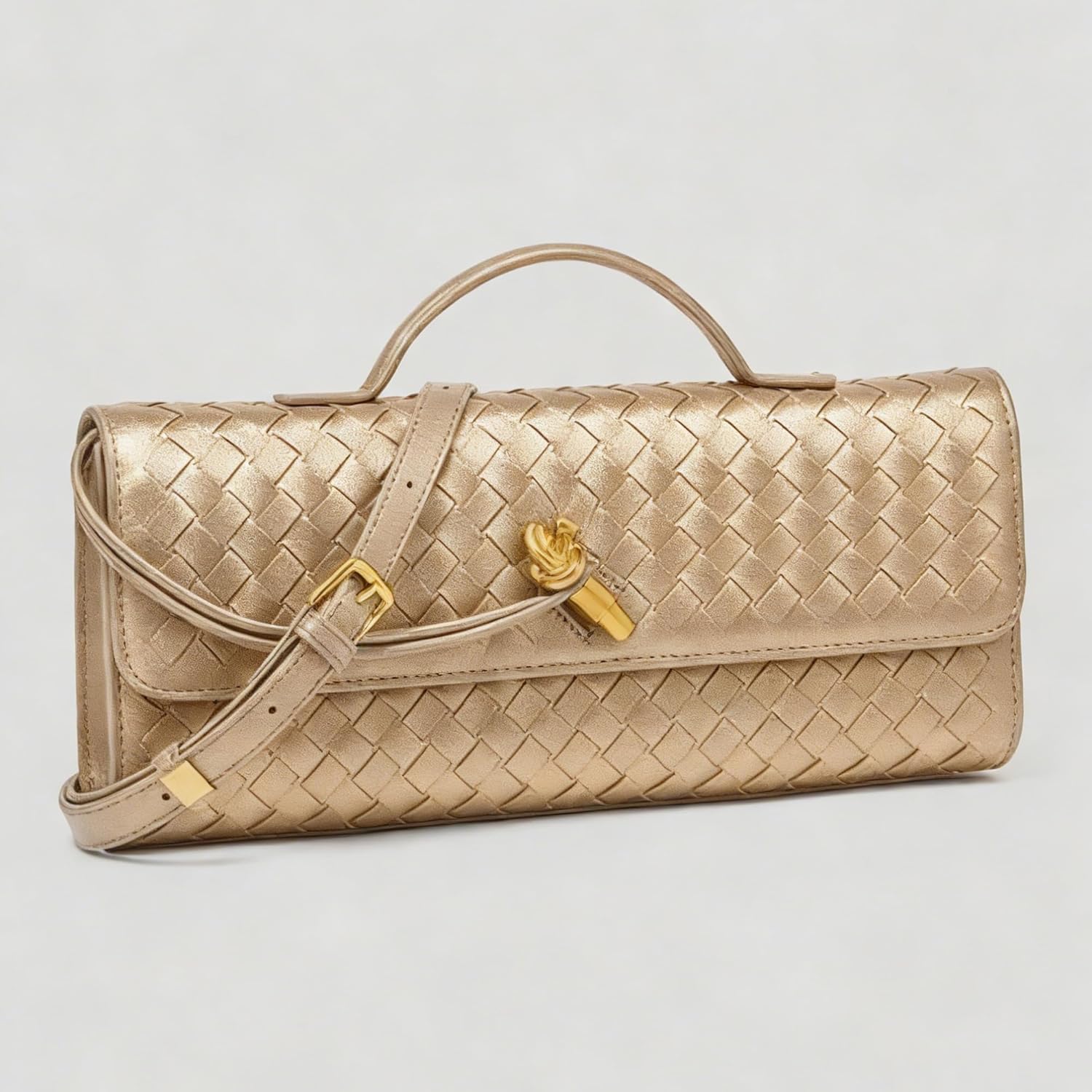 NEWBELLA Women's Handmade Woven Clutch Purse - PU Leather Crossbody Bag for Evening & Casual, Adjustable Shoulder Strap Fashion Handbag (Champagne Gold) - Image 5