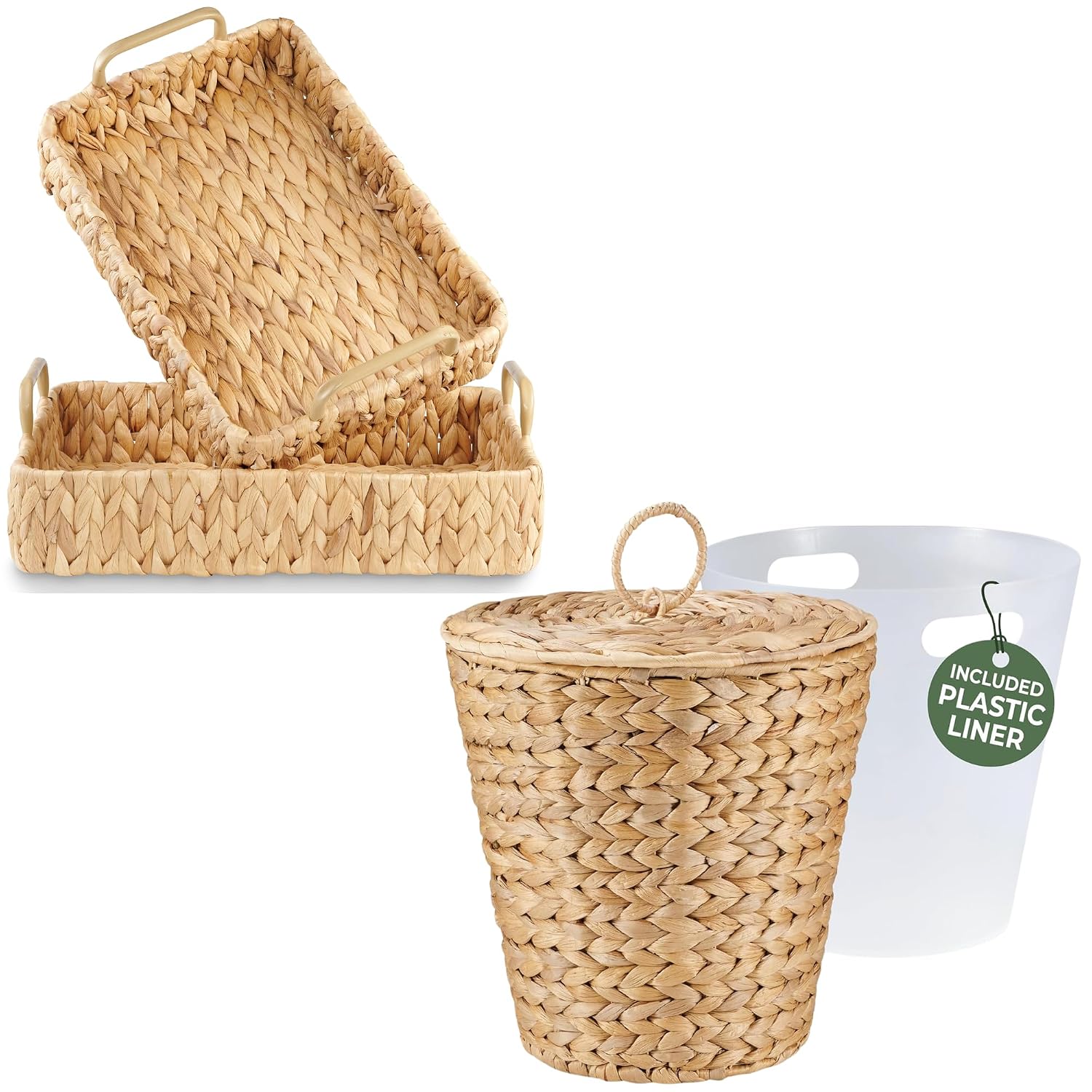 84ECO 3-Gallon Water Hyacinth Trash Can with Lid and Liner and Set of 2 Rectangular Wicker Trays, Natural Water Hyacinth