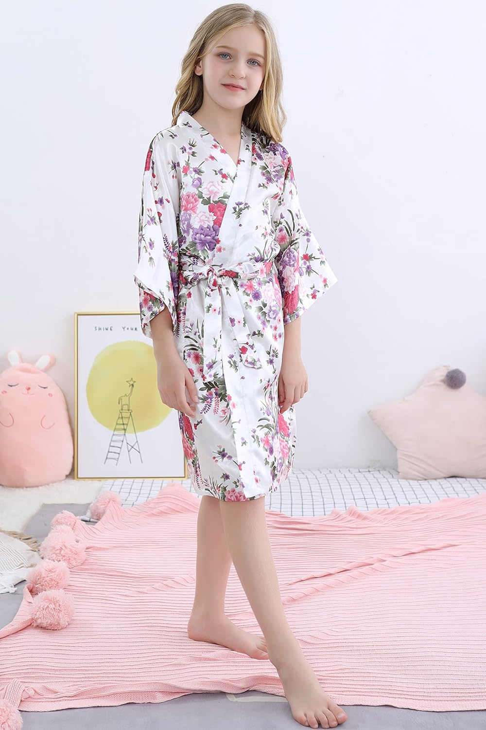 MORFORU Girls Kids Daffodils Silky Satin Kimono Robe for Wedding Spa Party, Short - Image 4