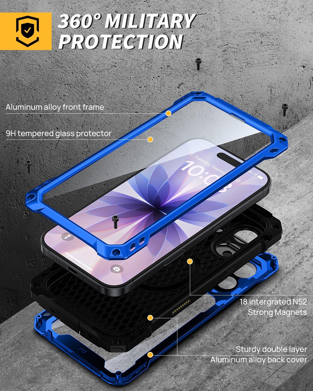 Lanhiem Magnetic for iPhone 17 Metal Case, [Built-in Camera & Kickstand] Compatible with MagSafe, Heavy Duty Rugged Full Body Military Protective Cover with 9H Glass Screen Protector, 6.3", Blue