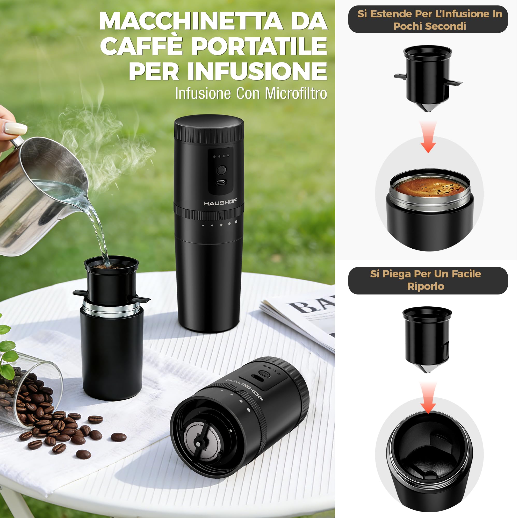 HAUSHOF Macinacaffè Elettrico Portatile Senza Filo con Infusione Integrata, Macinino Ricaricabile, Kit Manuale con Filtro in Acciaio e Tazza Termica da Viaggio, per Campeggio e Outdoor