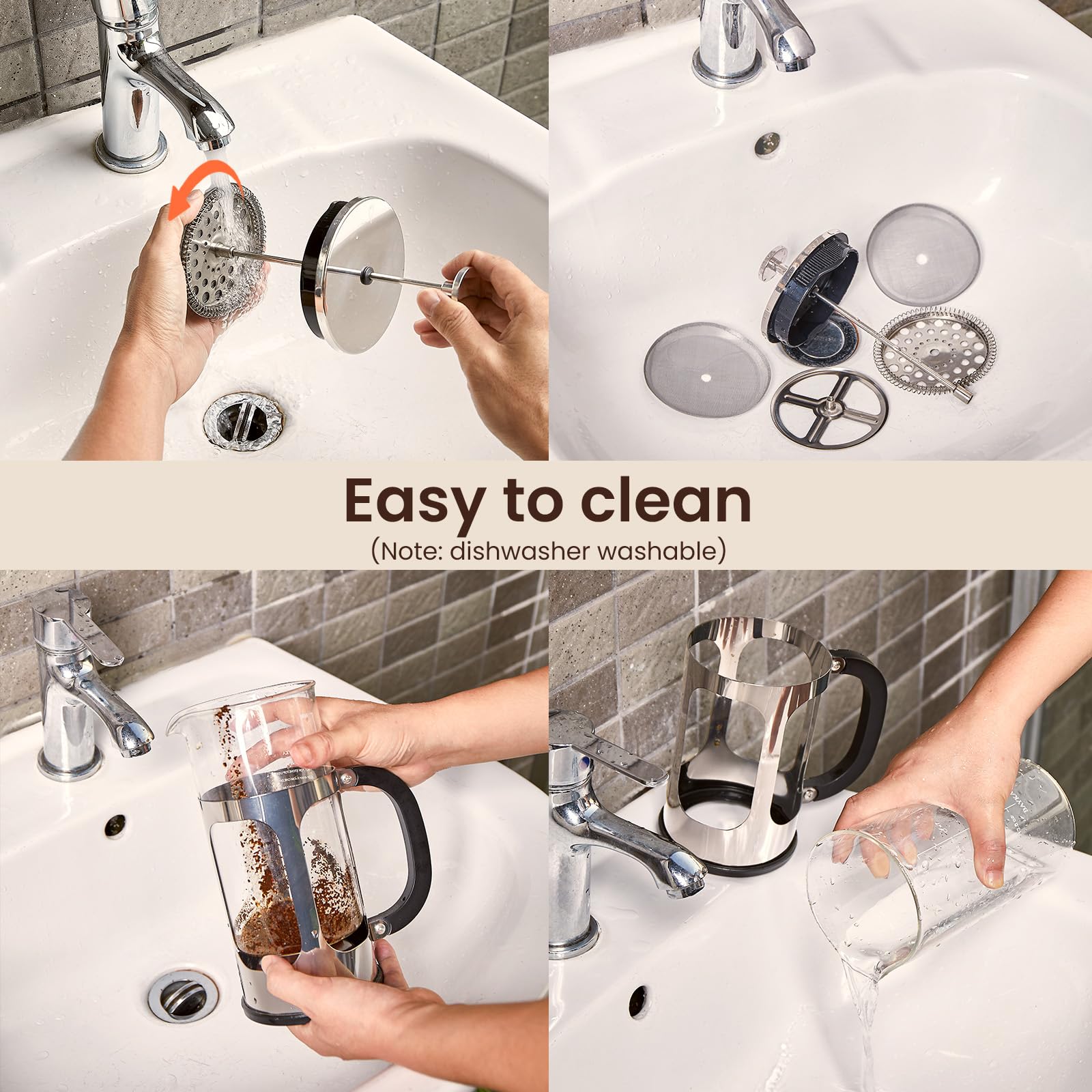 BAYKA French Press Coffee Maker 34 Ounce 1 Liter, Borosilicate Glass Stainless Steel Brewer, Large Portable Cold Brew Cafetera Teapot for Kitchen Travel Camping Coffee Bar Accessories, Dark Pewter: Silver 34 oz