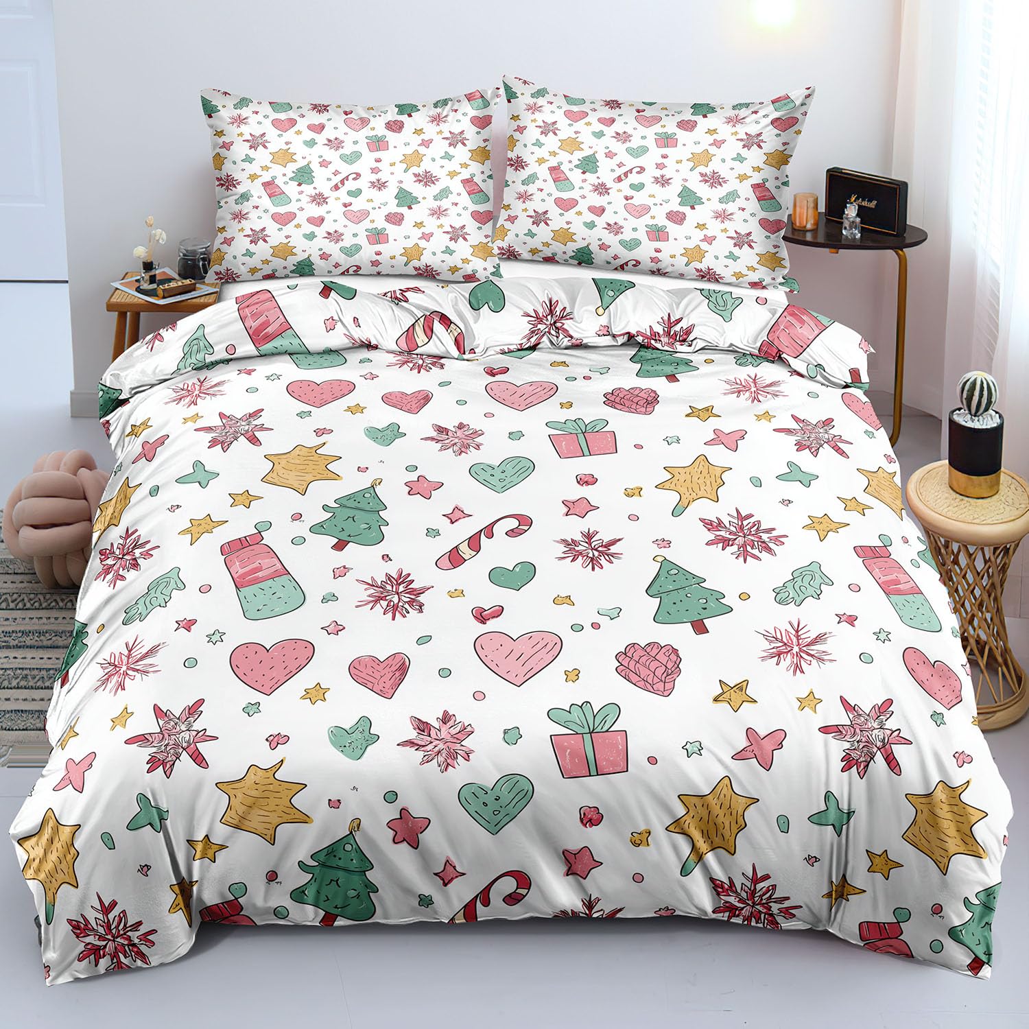 Housse de couette réversible blanche 140x200 avec motif sapin de Noël