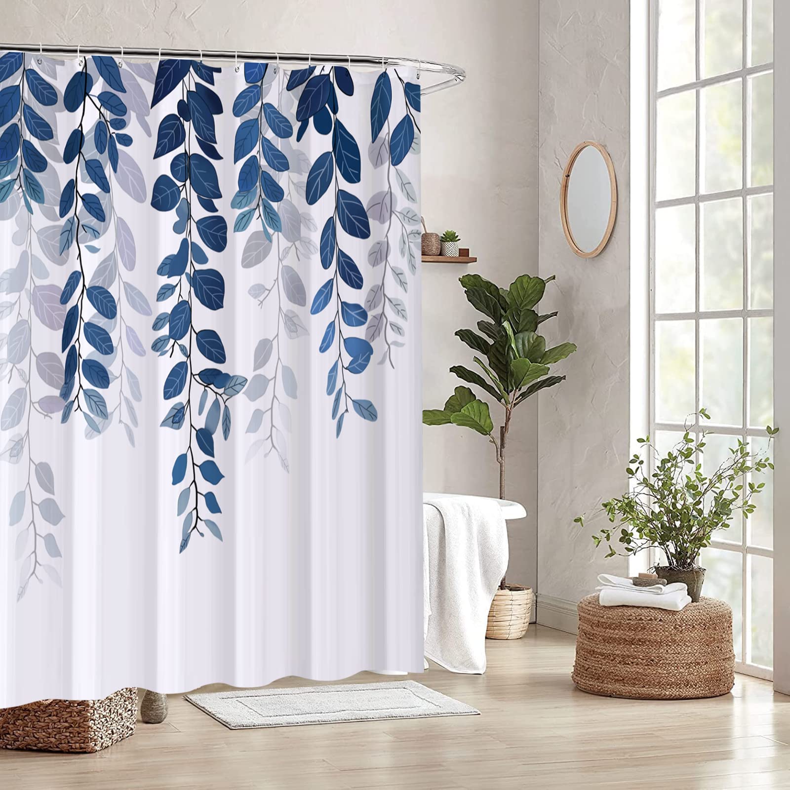 REZAYMRS Blue Shower Curtains with 12 Hooks, Anti-Mould, 180 x 200 cm Waterproof Shower Curtain for Bathroom Weighted Hem - Image 2