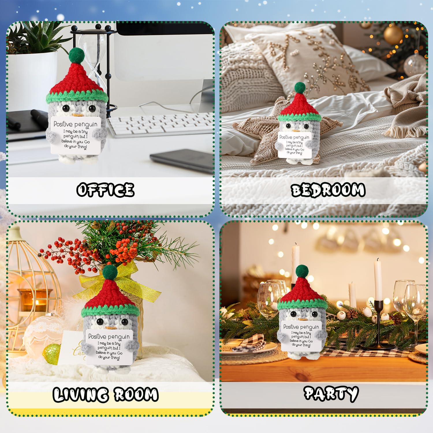 Positive Penguin Plush Toy With Christmas Hat - Hand-Crocheted Wool Knit Doll, 4.13 Inch, Encouragement Gift