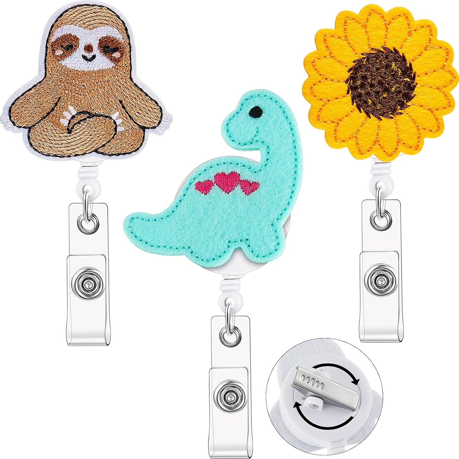 3 Pieces Felt Cute Badge Nurse Reel Retractable Badge Holder Flamingo Name ID Badge Clip with Swivel Alligator Reel Clip for Christmas Nurse Doctor Teacher (Sloth, Flower, Dinosaur)