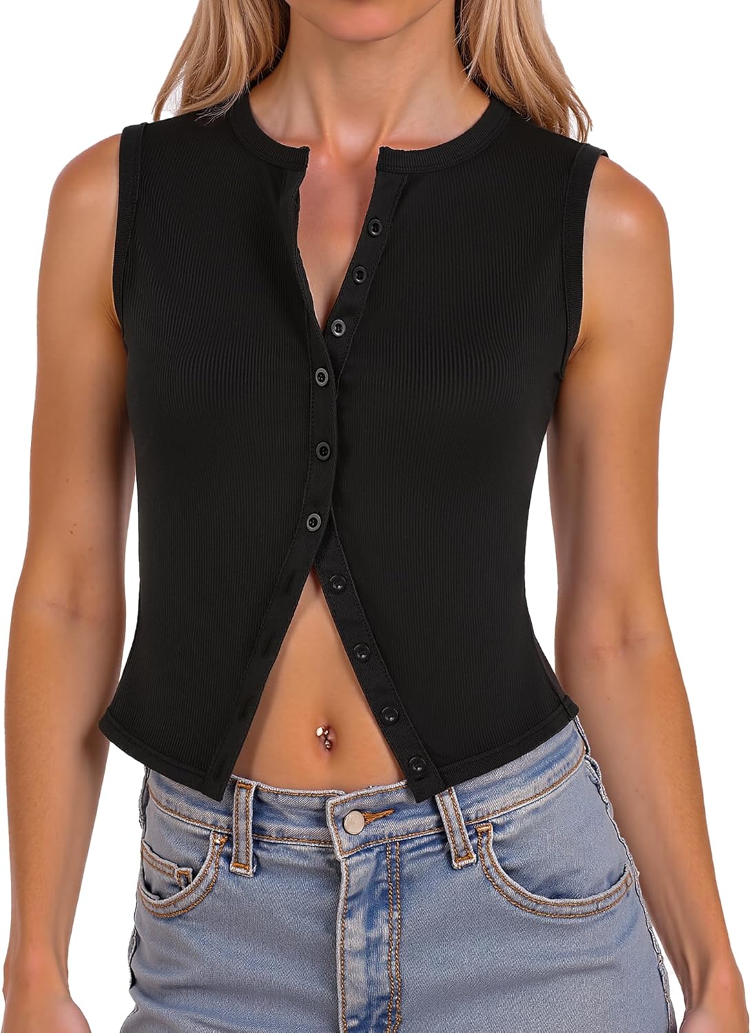 AURUZA Womens Going Out Tank Tops, Button Down Tank Vest, Ribbed Sleeveless Shirts Summer Going Out Cropped Tank Top