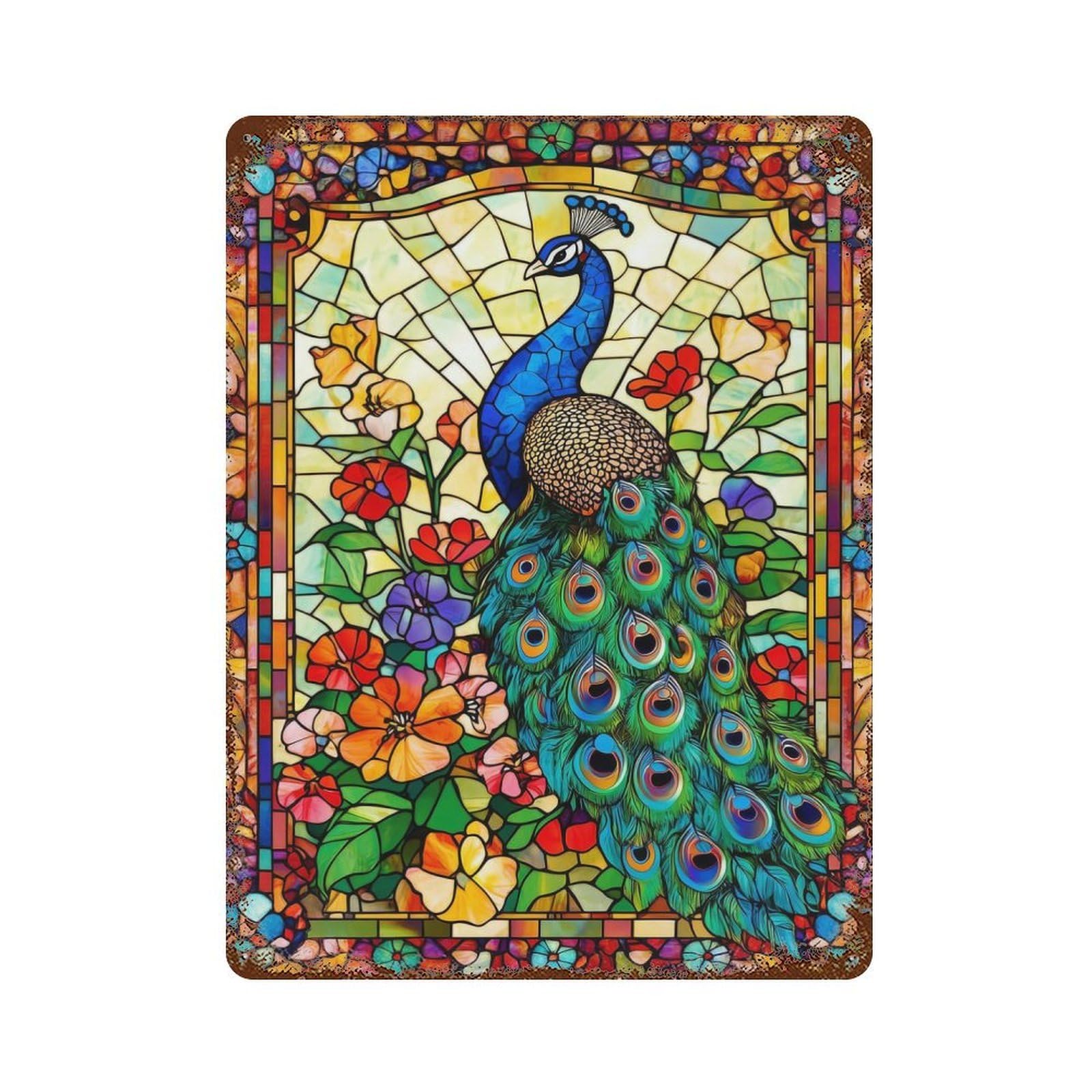 Stained Glass Peacock Aged Metal Wall Plaque 15.7"x11.8", Industrial Home Decor for Pub, Kitchen And Man Cave Decor