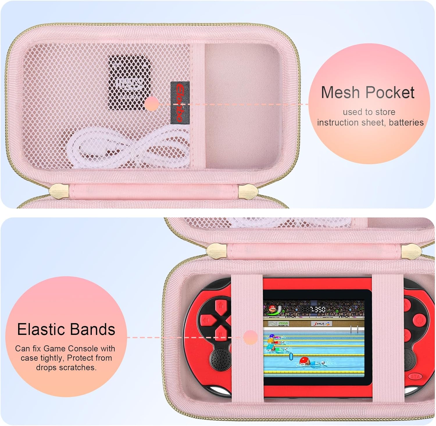 Elonbo Carrying Case for WELLST·G/ TaddToy/ Beijue/ Family Pocket/ CCTU/ X-JOYKIDS/ GREENCREEK/ Beico/ KAVOYI/ GuaiyeyeAP/ TEBIYOU Handheld Game Console, Portable Electronic Gaming Player Bag, Pink