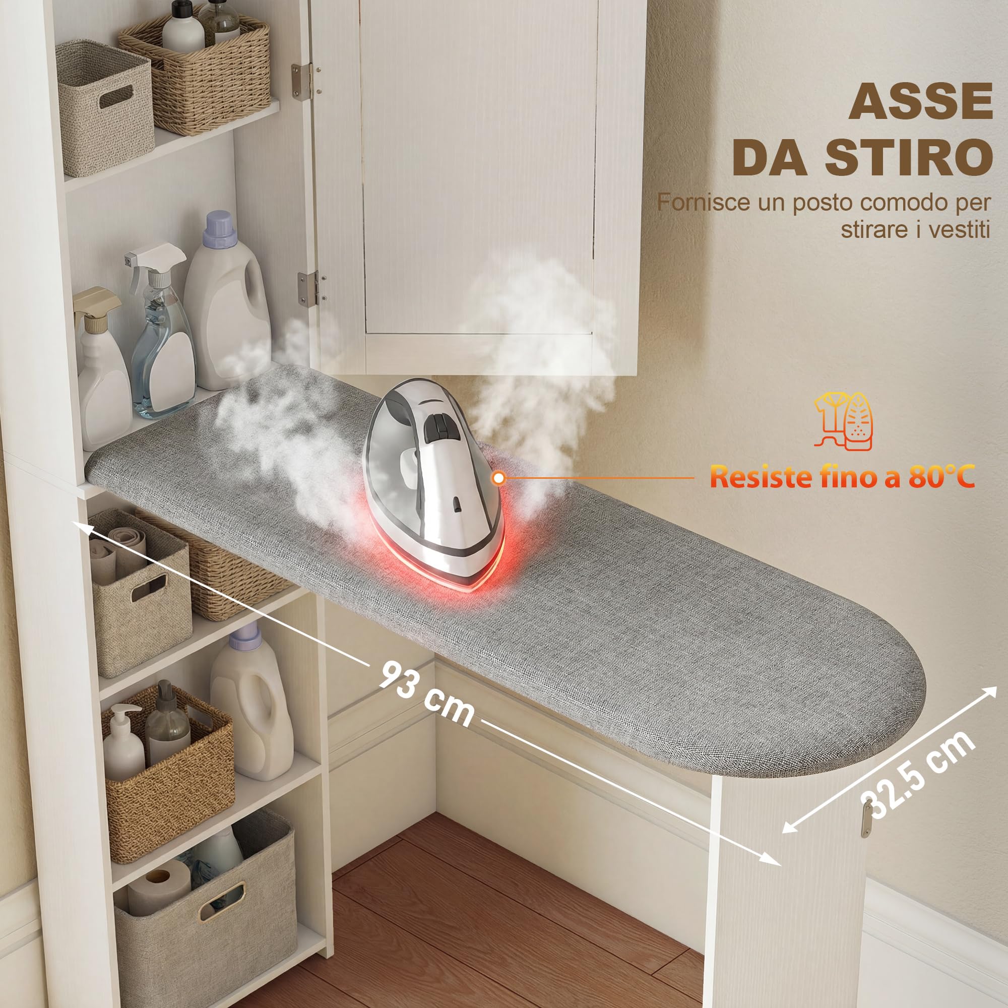 HOMCOM Mobile Asse da Stiro Pieghevole Salvaspazio con Specchio, Mobile da Stiro Multiuso con 6 Scomparti, 2 Ganci, per Lavanderia Bagno, 107x35x174 cm, Bianco
