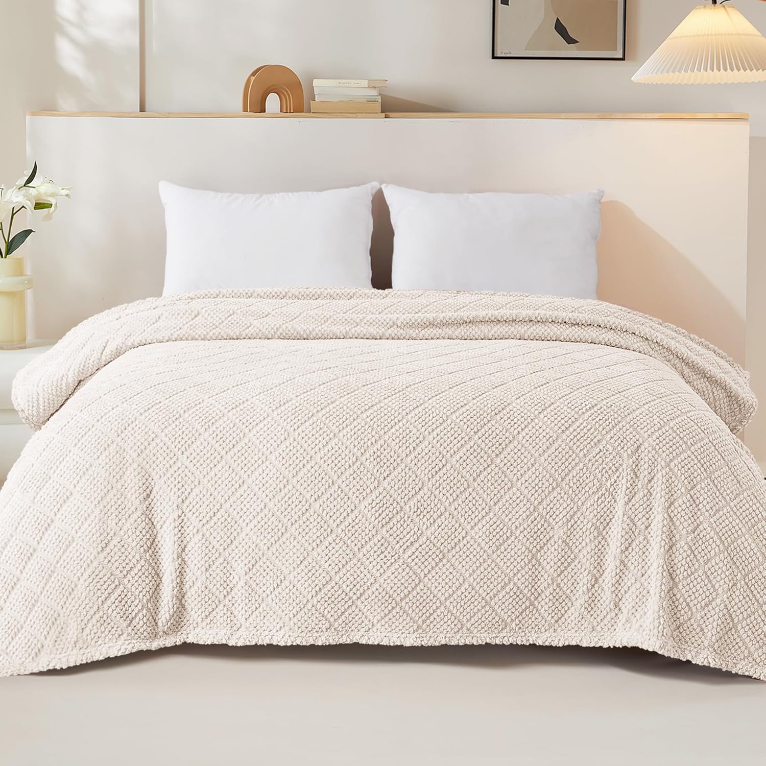 Whale Flotilla Fuzzy Fleece King Size Blanket for Bed, Soft Fluffy Jacquard Waffle Blankets for All Season, Lightweight and Warm, 90x104 Inch, Ivory - Image 2