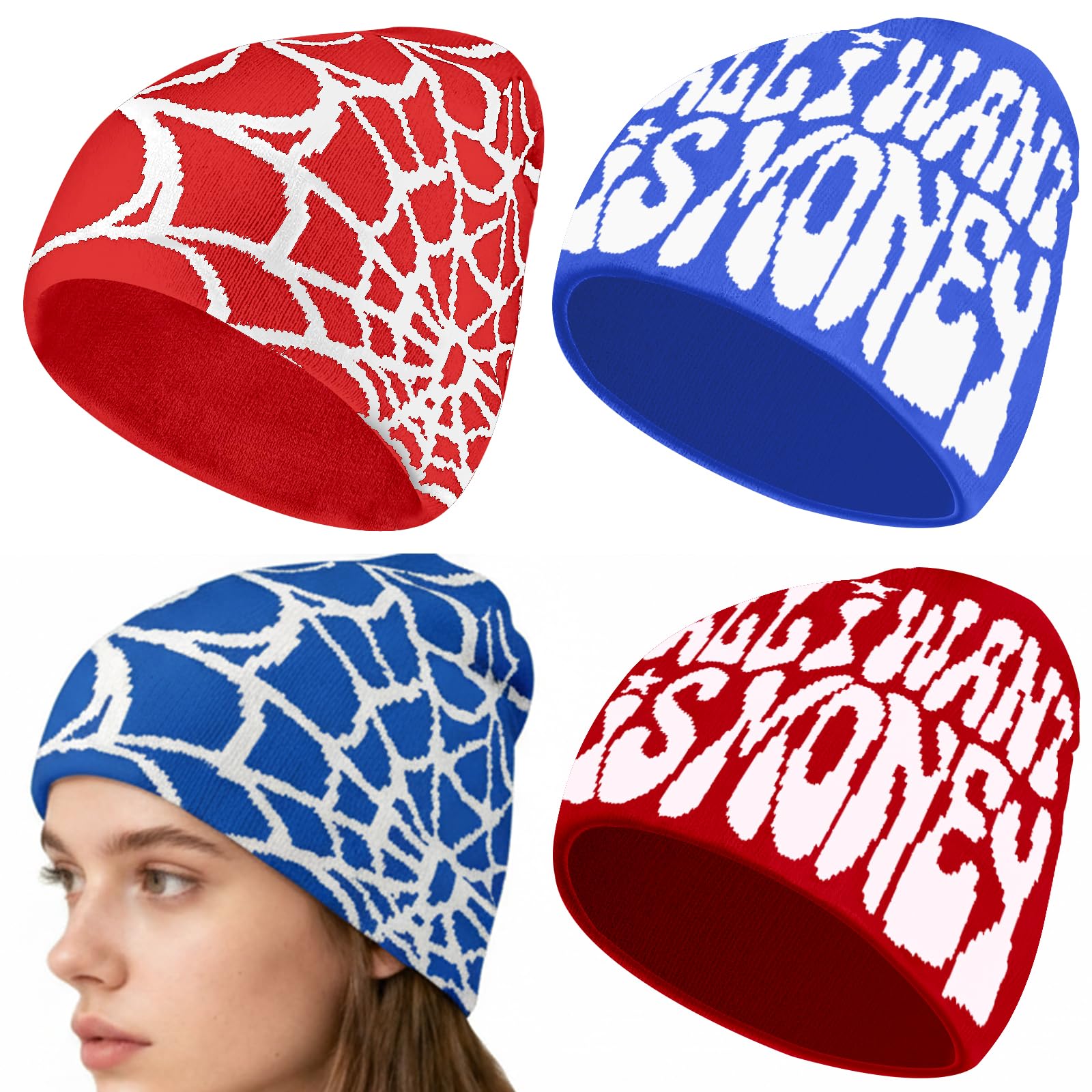 4Pcs Y2k Beanies Spider Web Pattern Acrylic Knitted Hats Casual Streetwear Beanies for Women Man Winter Outdoor