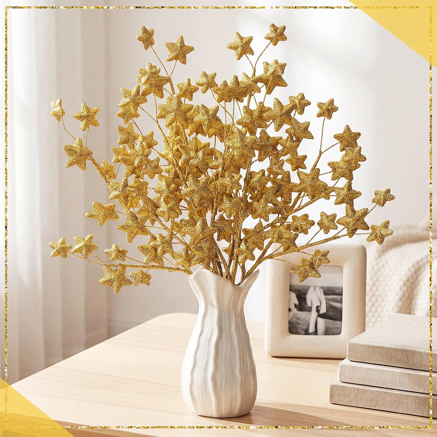 6 Pcs Glitter Star Picks 17.7 Inch Sparkly Star Tree Stem Picks Twinkle Sticks Foam Vase Table Craft Decoration for Christmas Birthday Party Wedding Centerpieces (Gold)
