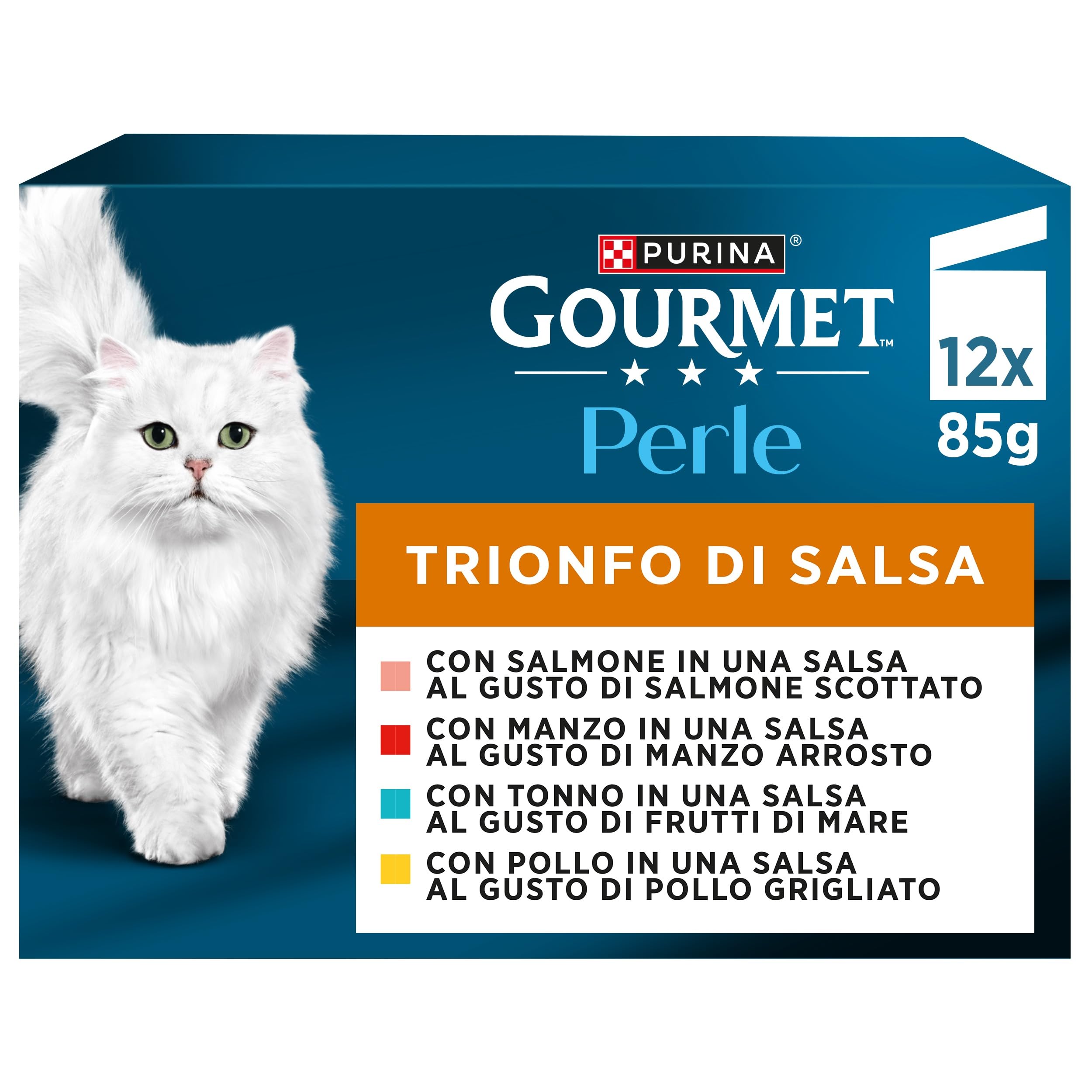 GOURMET Perle Cibo Umido per Gatti Adulti Bocconcini in Salsa con Manzo, Pollo, Tonno e Salmone - 80 Bustine da 85 g