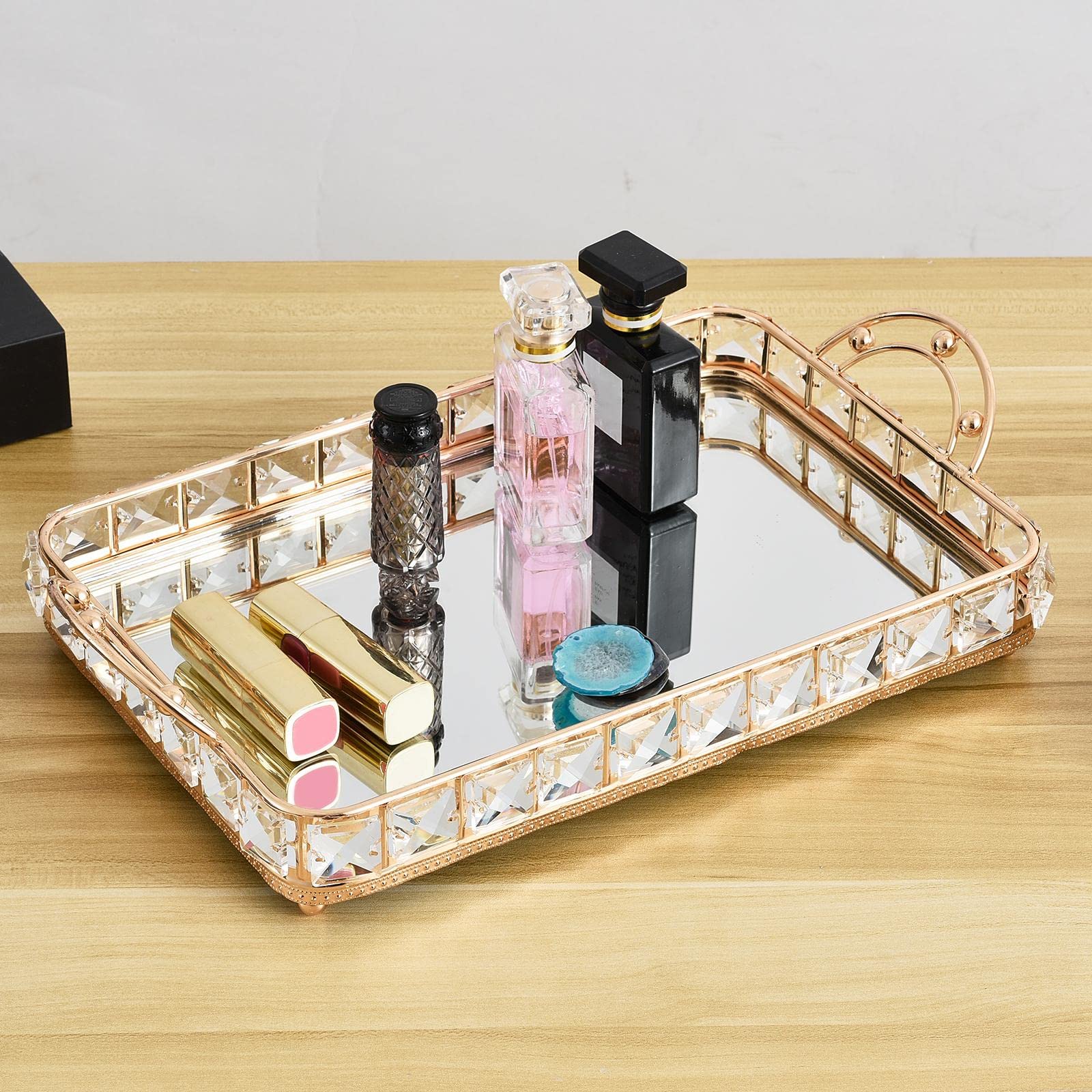 Yajuyi Bandeja Espejo Cristal Maquillaje Accesorios Joyas Organizador Metal con Base de Espejo Y Diseño Exclusivo Indicada para Baño Dormitorio Sala Oficina
