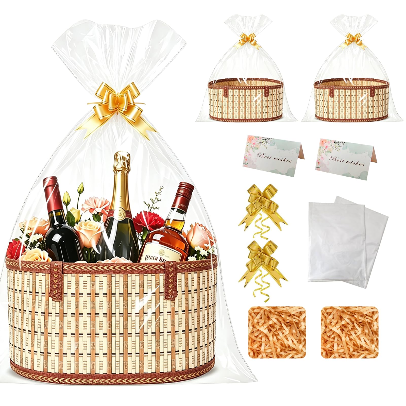 HpCuales 2 Set Baskets for Gifts Empty,Large Woven Bamboo Gift Basket Kit with Handles,Foldable Empty Gift Baskets to Fill for Baby Shower,Birthday Party Wrapping Mother's Day,Christmas,Housewarming