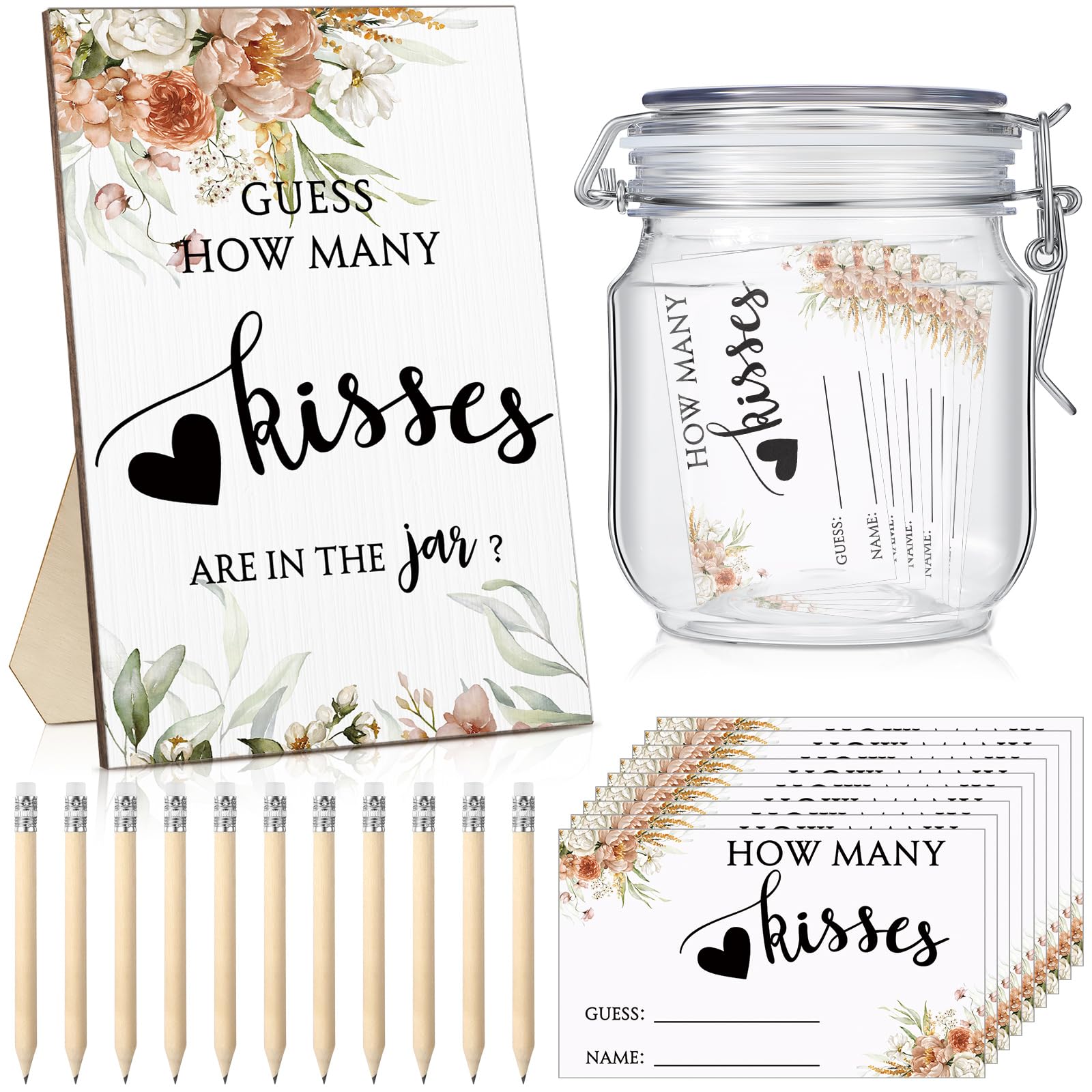 Yousoontic 122 Pieces Guess How Many Kisses Bridal Shower Games Include 1 Bridal Shower Wooden Sign 100 Guessing Cards 20 HB Pencils 1 Game Jar for