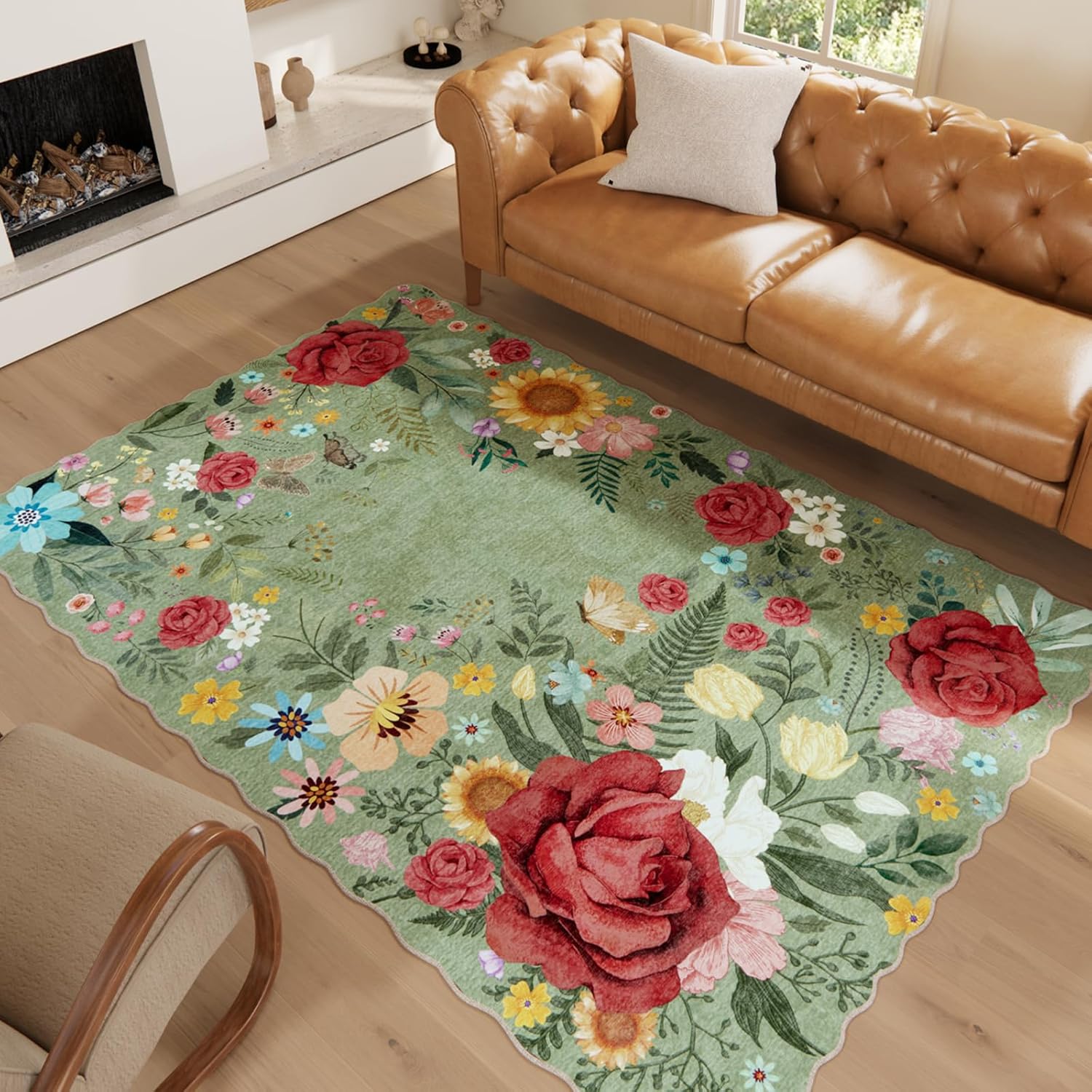 Washable Floral Area Rugs for Living Room, 5'x7' Green Soft Non-Slip Bedroom Rug Stain Resistant Lightweight Boho Vintage Low-Pile Throw for Dining Room Office