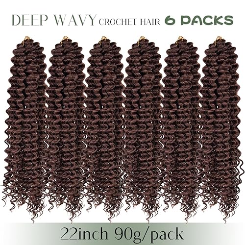 Miniatura 5 de Extensiones de cabello ondulado con ganchillo de 22 pulgadas, 6 paquetes de extensiones de cabello ondulado profundo marrón chocolate, extensiones