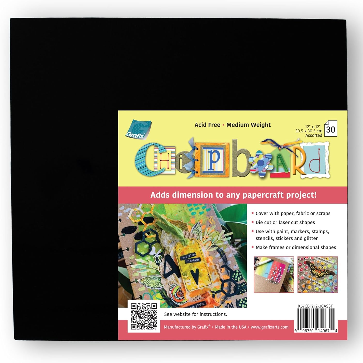 Grafix Medium Weight Chipboard – 12"x12", Assorted Acid-Free 0.057” Sheets, Create Three-Dimensional Embellishments for Cards, Papercrafts, Mixed Media, Home Décor, and More, Pack of 30