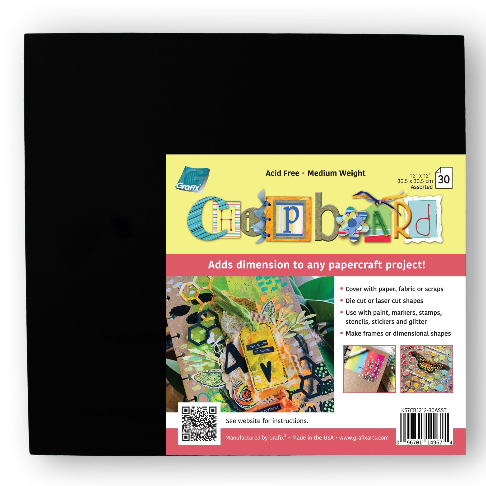Grafix Medium Weight Acid-Free 0.057” Chipboard Sheets, Create Three-Dimensional Embellishments for Cards, Papercrafts, Mixed Media, Home Décor, and More – Natural, Black, White 12X12” Pack of 30