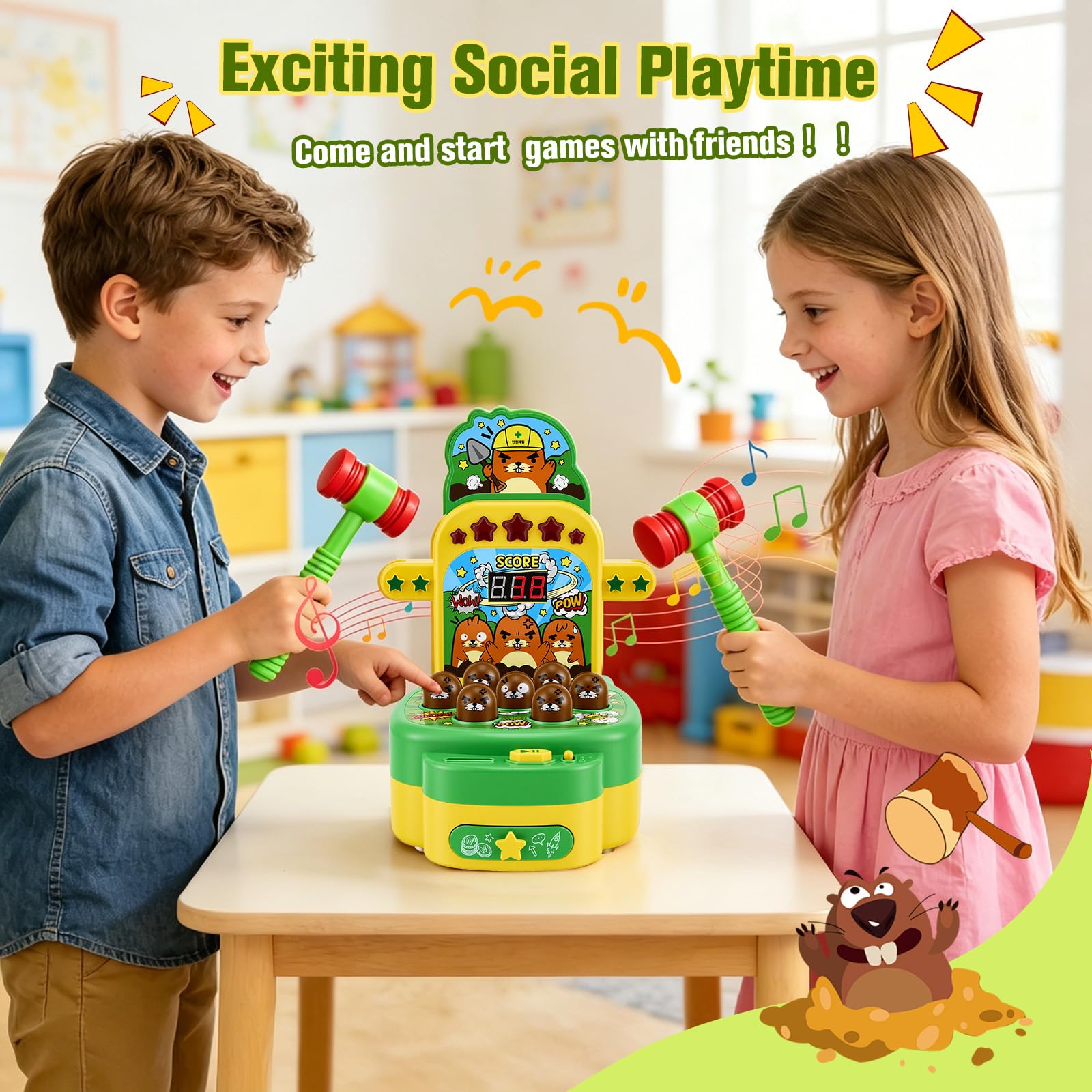 Gioco Colpisci la talpa per bambini Giocattolo musicale interattivo con 2 martelli per promuovere le capacità motorie Giocattolo educativo con luci ed effetti sonori, gioco arcade display LCD, verde