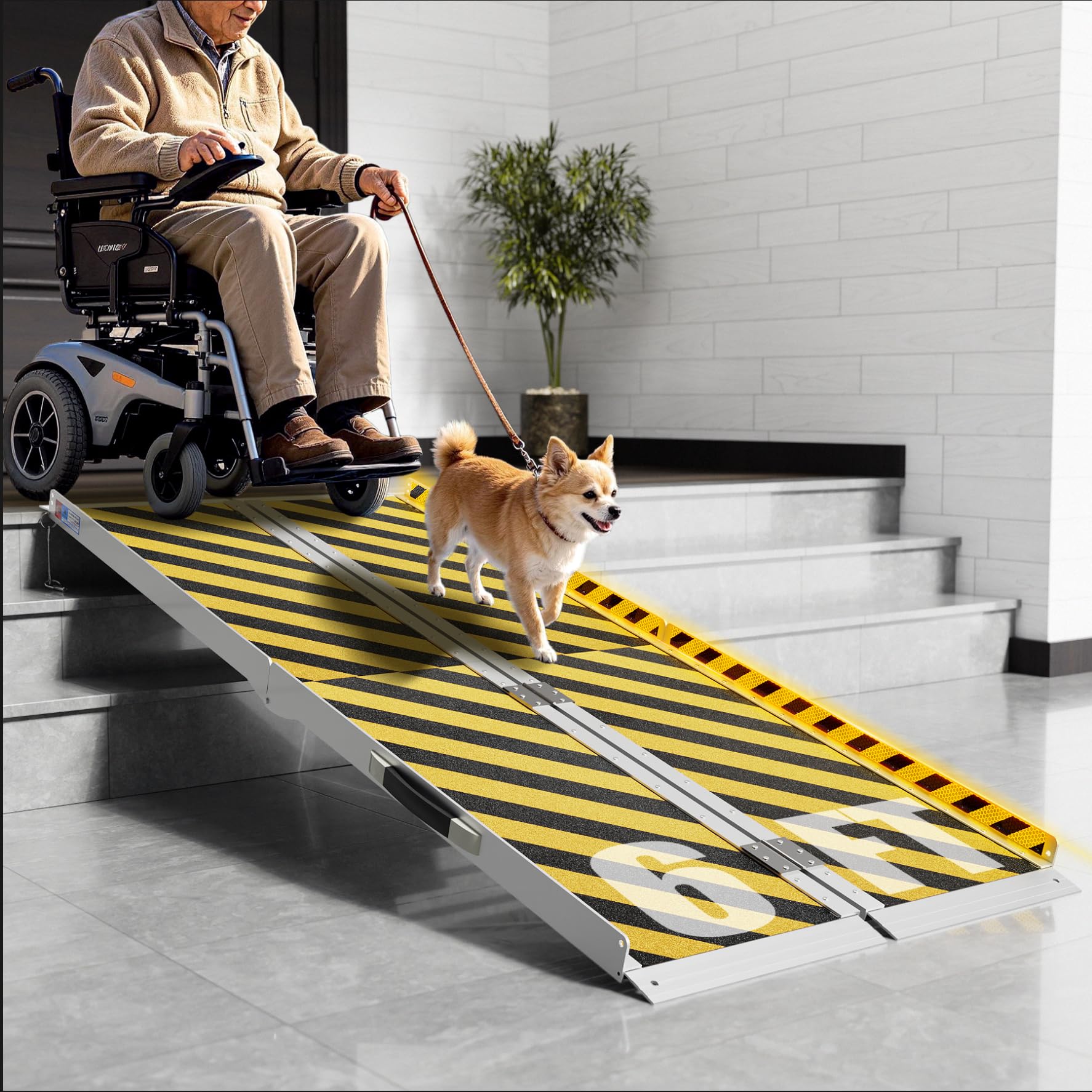 portable wheelchair ramp 6ft, aluminum folding ramps for wheelchairs**broken carrying handle** for home steps with handle & non-skid surface, 600 lbs capacity threshold ramps for doorways, steps, front porch, stairs, entry