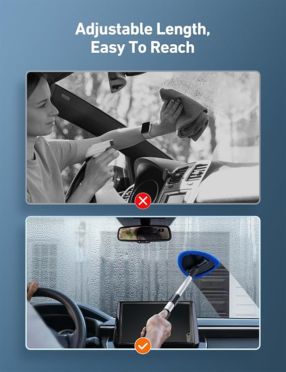 AstroAI 21 Extra-Long Windshield Cleaner Tool & Car Interior Detailing Kit | Extendable Handle, 4 Reusable Microfiber Pads, Streak & Lint-free, Auto Glass Wiper Brush for Car & Home, Blue
