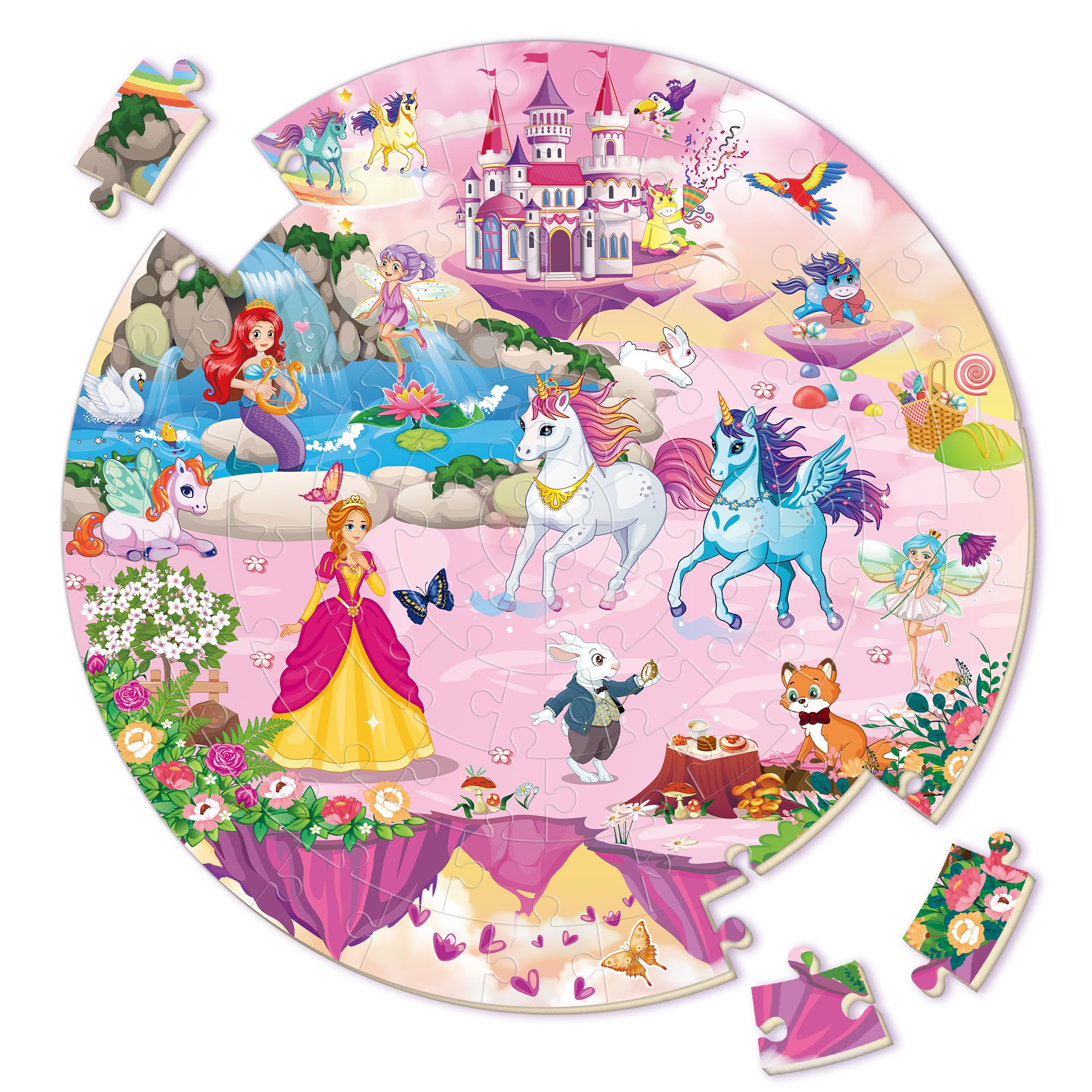 SYNARRY Unicorn Princess Mermaid Fairy Floor Puzzle for Kids Ages 3-5, Large 70 Piece Wooden Puzzle for Kids Ages 4-6, Preschool Toys Gifts for 3 4 5 6 7 8 Years Old Boys Girls Children