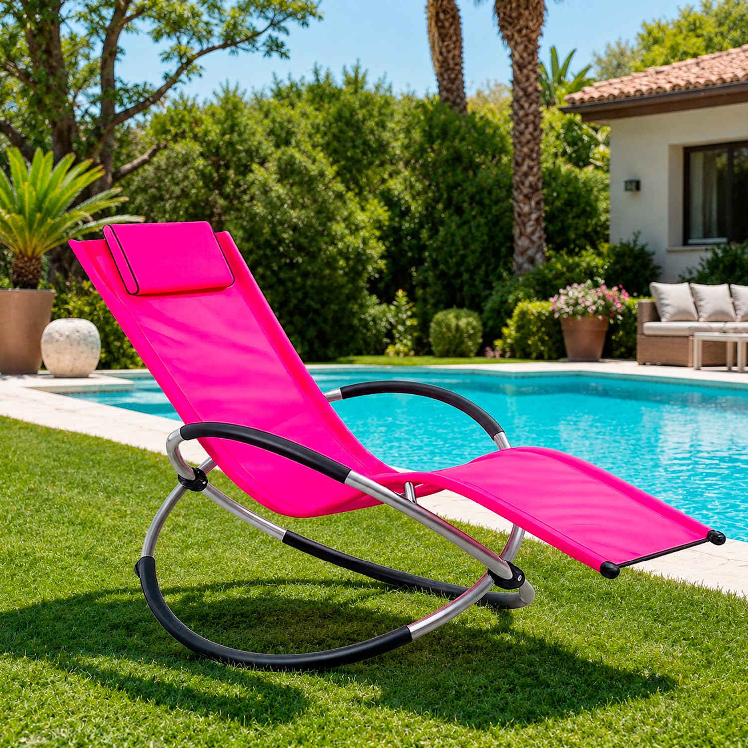 Poltrona Basculante Sdraio A Dondolo Da Giardino Con Poggiatesta Removibile In Textilene Traspirante Telaio In Metallo Ergonomica Relax Piscina Terrazzo Outdoor 73 x 150 x 93 Cm Fuxia