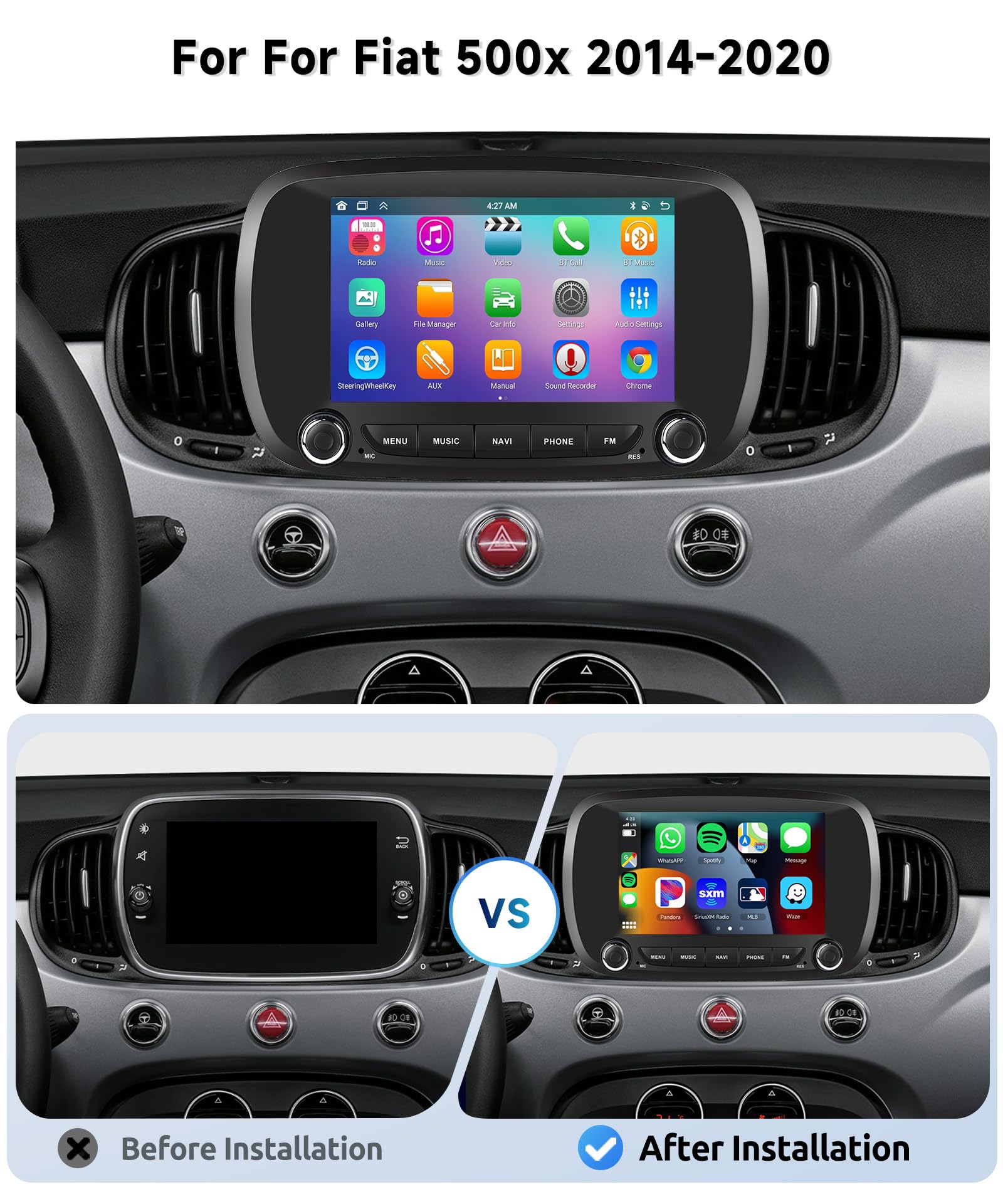 8 CORE 4G+64G Autoradio Android 13 per FIAT 500X 2014-2020, 7" HD IPS Touchscreen Stereo Auto co DSP Carplay Android Auto GPS Wi-Fi Bluetooth Radio FM RDS Retrocamera