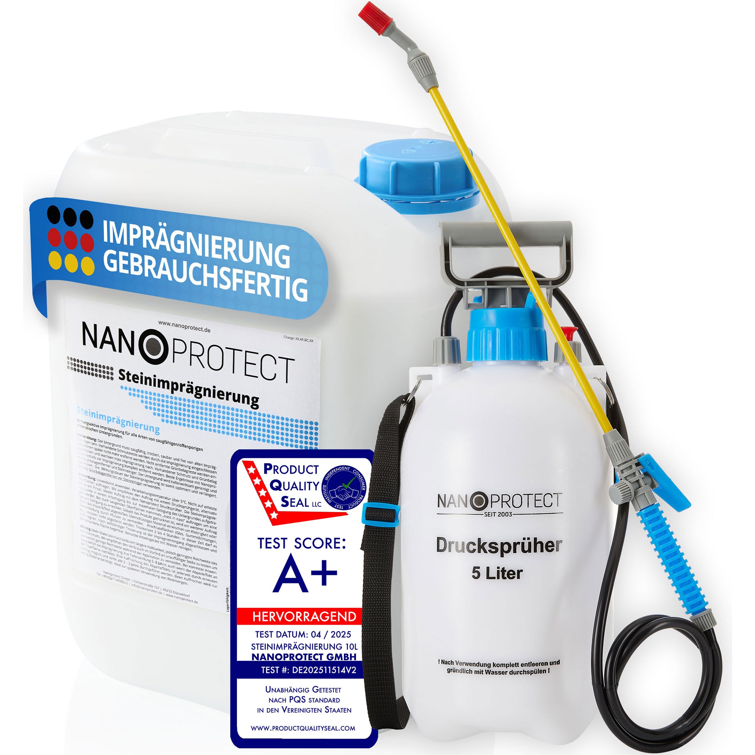 Nanoprotect Steinimprägnierung 10 L für 80-120 m² - inkl. Drucksprüher | Wasserabweisende Profiqualität für Terrasse, Einfahrt, Gehweg, Dach, Fassade | Atmungsaktiv | Gegen Schmutz und Grünbelag