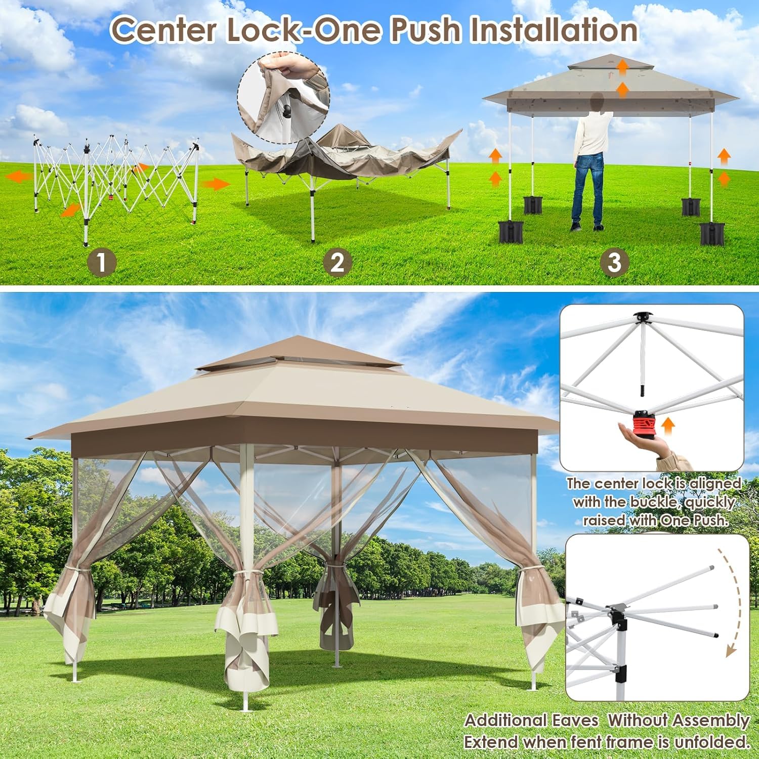Tonnelle Pliante 3,3 x 3,3 m imperméable,avec 4 Toiles Moustiquaires, One Push Tonnelle de Jardin,Tente de fête à Double Toit, 4 Sacs de Sable, pour terrasse/marché/Camping/Plage, Marron Kaki