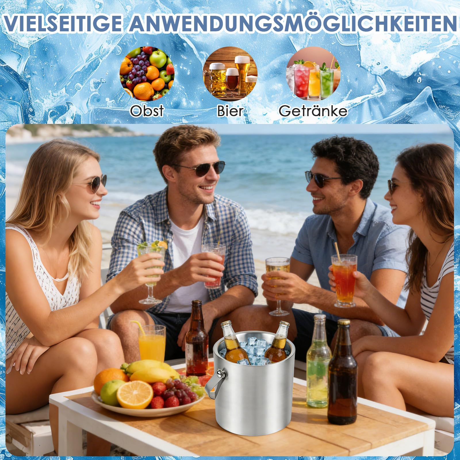Dreamhigh 2L Eiswürfelbehälter, Edelstahl Eiskübel mit Deckel, Zange, Eisschaufel und Einem Sieb, Hält Getränke 6-8 Std, Eisbehälter für Partys, Riegel, Perfekt zum Abkühlen von Getränken, Bier
