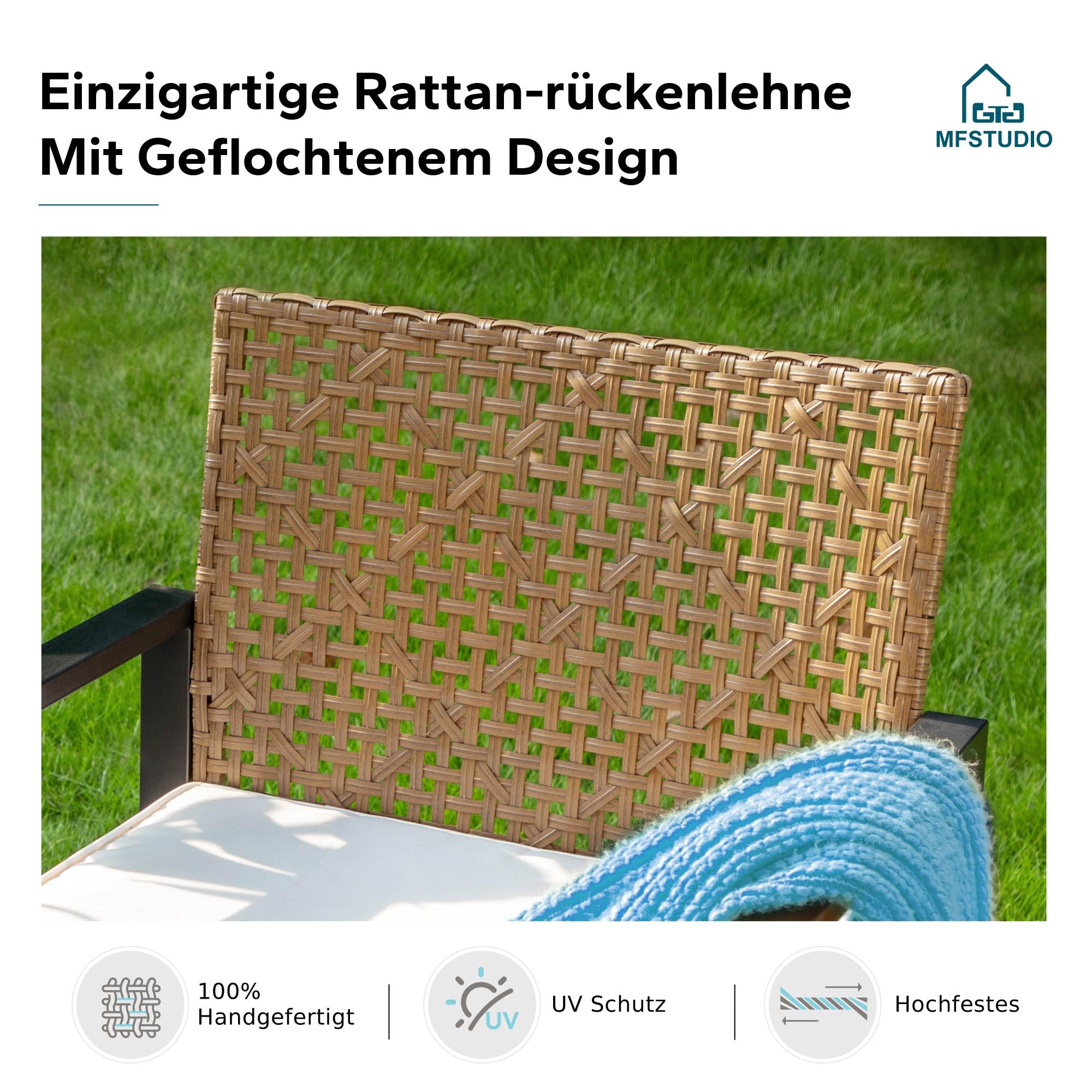 MFSTUDIO Polyrattan Gartenmöbel Set Balkonmöbel Outdoor Sitzgruppe Set Terrassenmöbel Lounge Gartenmöbel Set Tischplatte aus Massivem Akazienholz Braun Rattan Beige Kissen